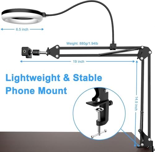 Sounce Overhead Video Stand with 6" Ring Light – Flexible Arm, Dual Brackets for Phone & Tablet | Ideal for Streaming, Recording & Content Creation