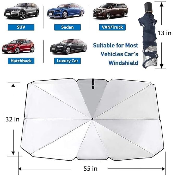 Sounce Windshield Umbrella Car Sun Shade Cover Robust Protection for car's Front Window with Heat Insulation and UV Shielding, Sun Protection Shield, Full Cover Foldable Sun Shade for Car - Black