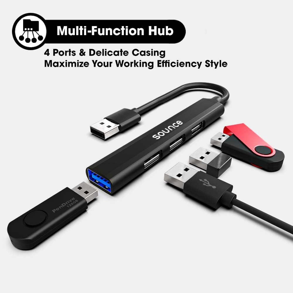 Sounce 4-in-1 USB Hub | Type-A to 4 USB-A Ports with Aluminum Shell (Black)
