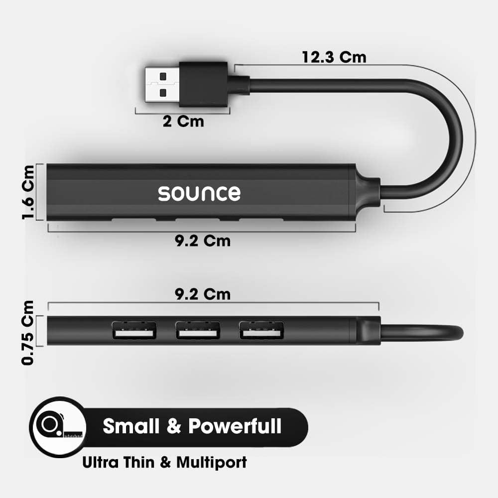 Sounce 4-in-1 USB Hub | Type-A to 4 USB-A Ports with Aluminum Shell (Black)