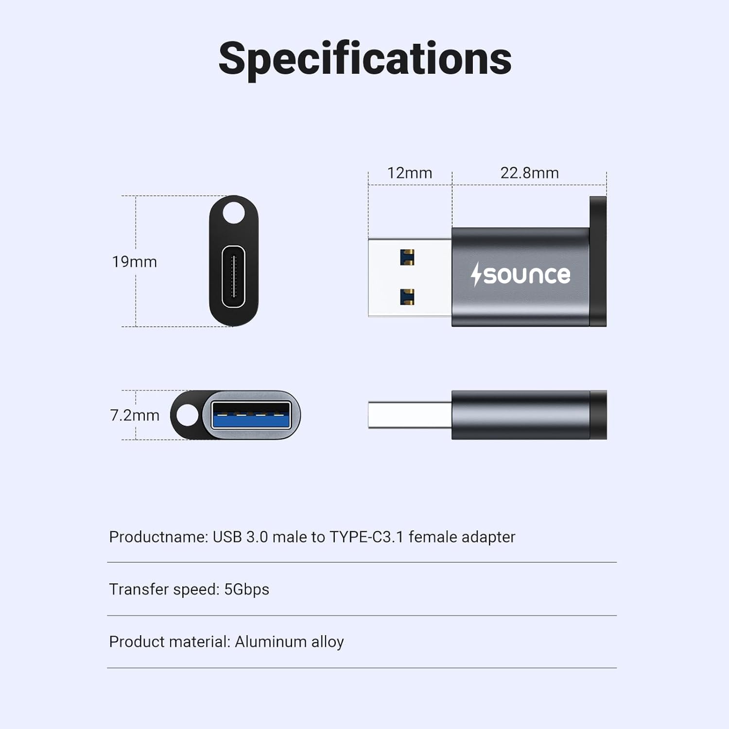 Sounce USB 3.0 OTG to USB Type C Adapter Portable Peripherals High-Speed Data Transfer, Compatible and Works with Laptops, Tablets, Smartphone, Chargers and More Devices