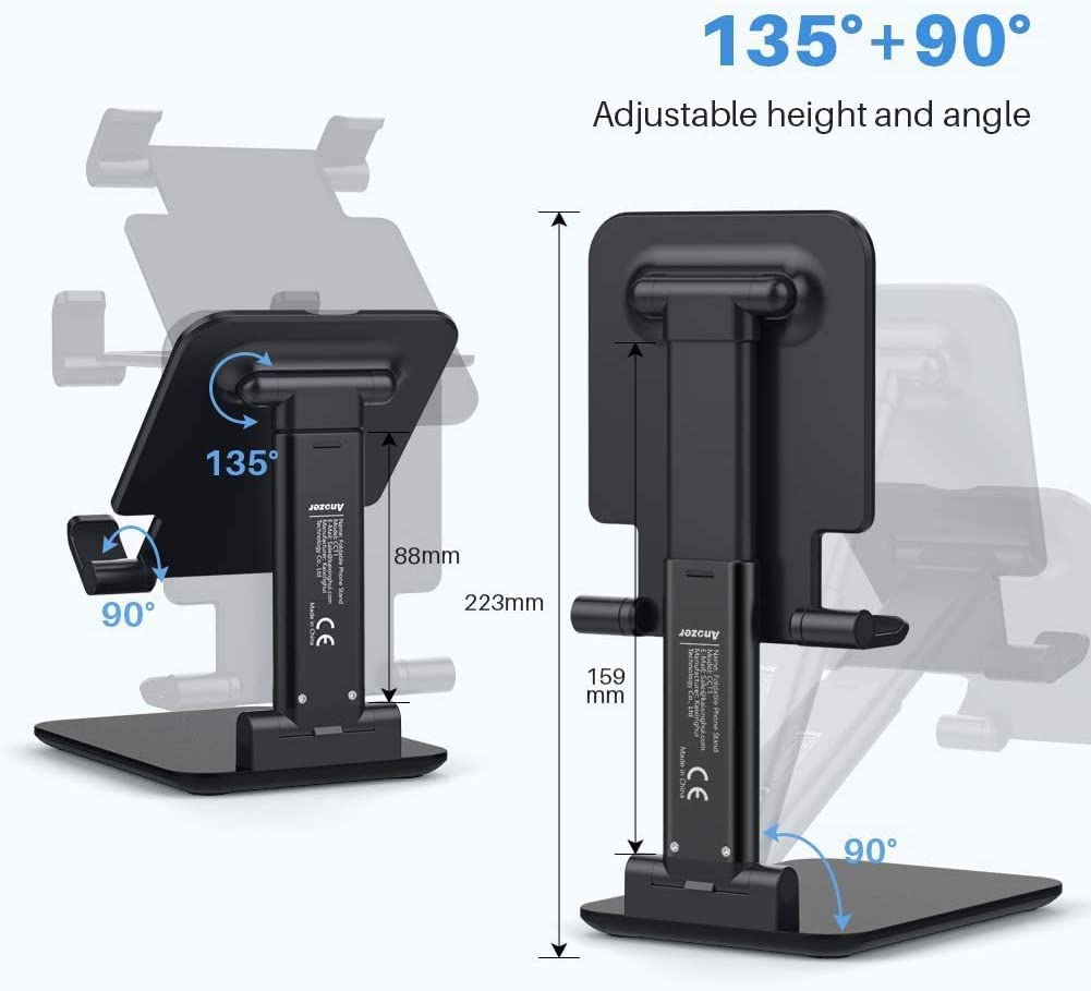 Sounce Foldable Portable Phone Holder Stand, Tabletop Adjustable Cell Phone Stand with Height Adjustable Cradle, Stable and Easy to Use Compatible for All 4-8 inches Smartphones Mount (Black)