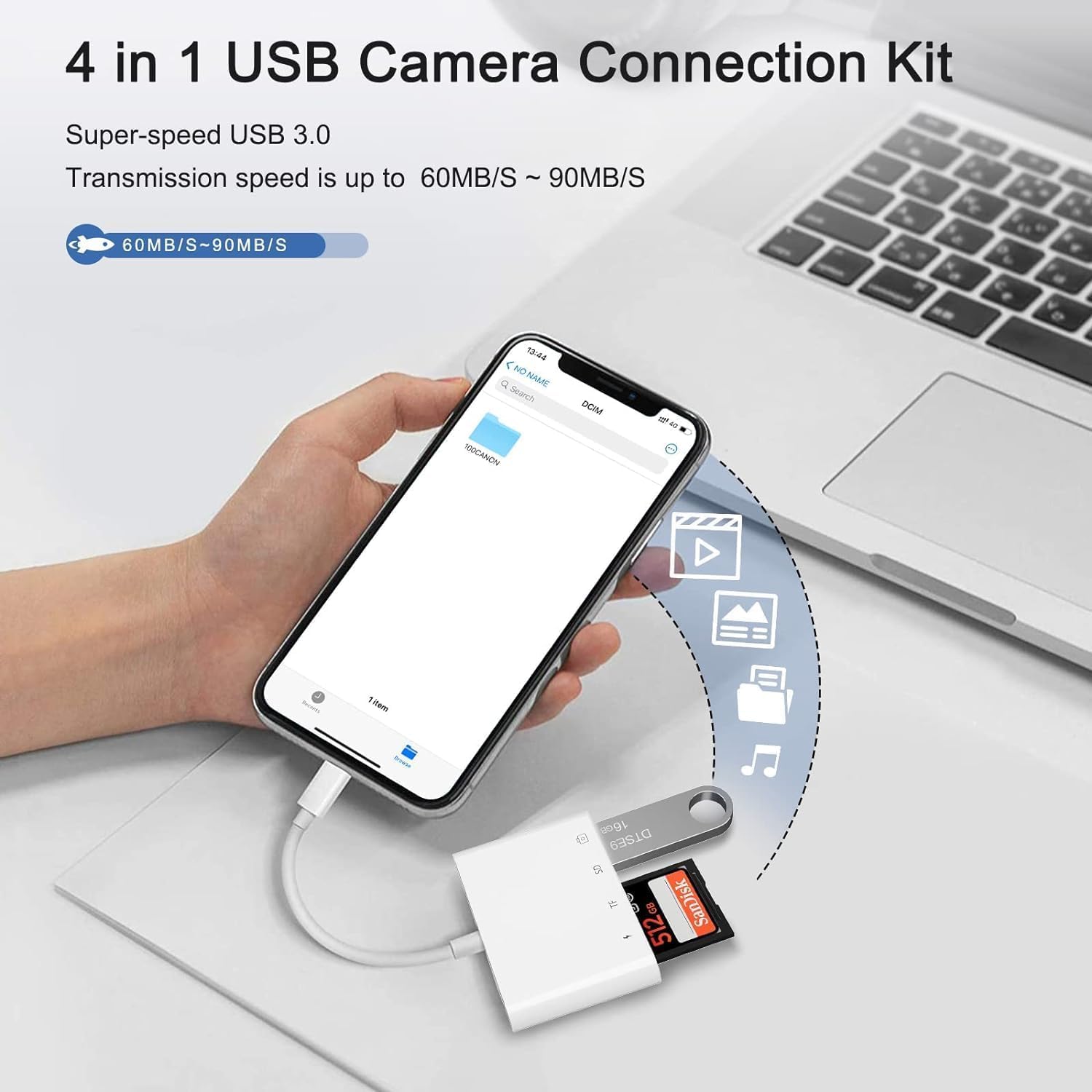 Sounce 4-in-1 Lightning to USB, SD TF Card Reader Adapter | Charging Port, Dual Card Slot, OTG Support (White)