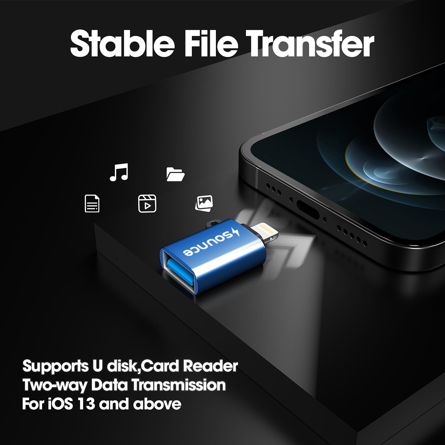 Sounce OTG for iPhone/iPad, Lightning OTG Pendrive Adapter Compatible with All iOS Devices, USB Female Support Connect USB Flash Drive, Keyboard, Mouse (Blue)