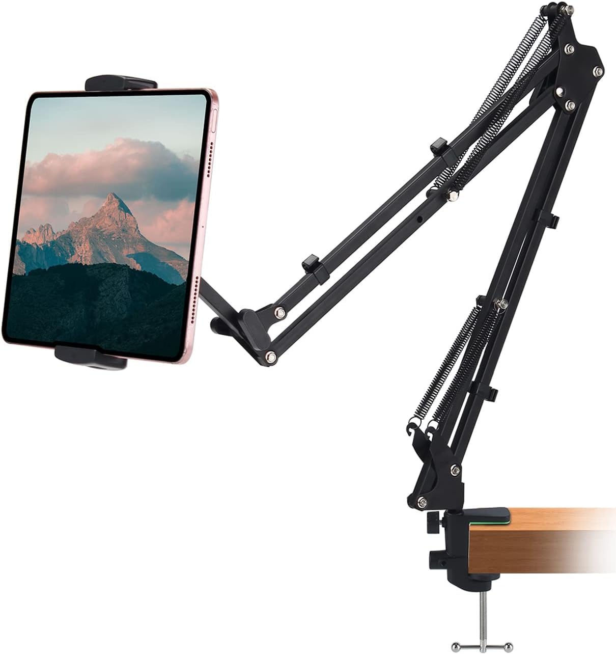 Sounce Lightweight Tabletop Stand Phone Holder, Metal Long Lazy Arm and Bracket for All Mobile for Video Recording, Streaming Video, Office, Compatible with Devices Upto 4-10.6 Inches - Black
