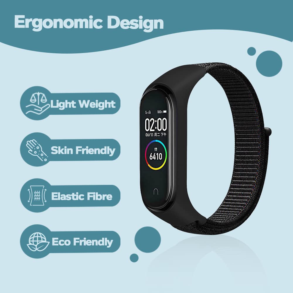 Sounce Black Nylon Adjustable Xiaomi Mi Band 3/ Mi Band 4/ Mi Band 5/ Mi Band 6 Watch Strap Band Bracelet (Not Compatible with Mi Band 1/2)