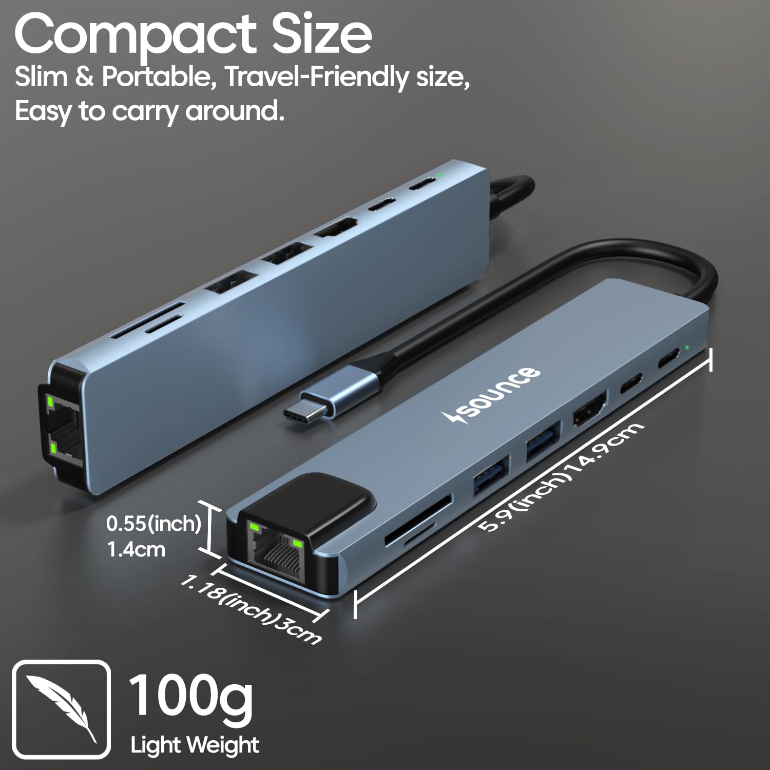 Sounce 8-in-1 USB-C Hub Dock | Premium Aluminum Type-C Adapter with 4K HDMI, 100Mbps Ethernet, USB 3.0, 100W PD Charging, TF/SD Card Reader | Universal for Mac & Windows USB-C Devices