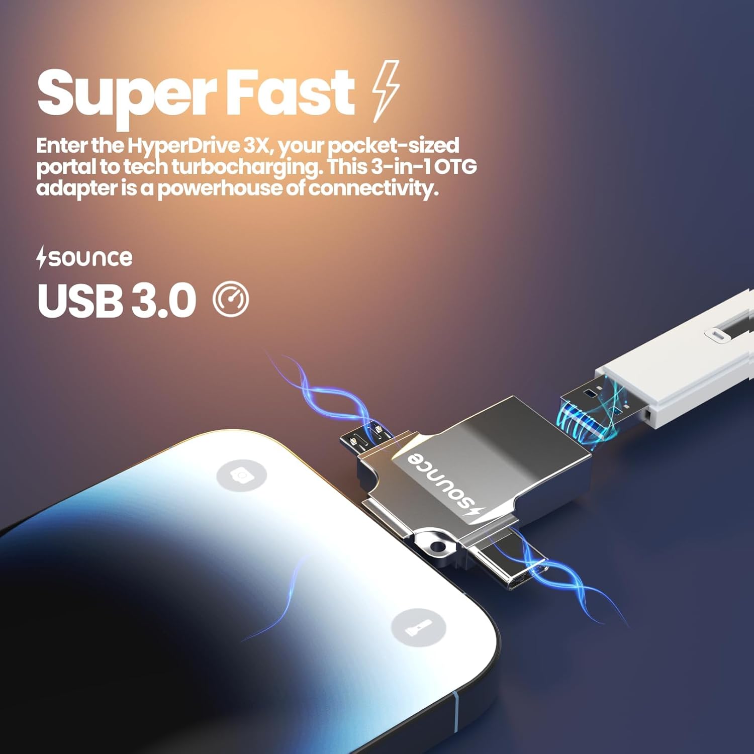 Sounce 4-in-1 OTG Adapter – Lightning, Type-C, Micro USB & USB 3.0 | Universal Data Transfer for iOS & Android
