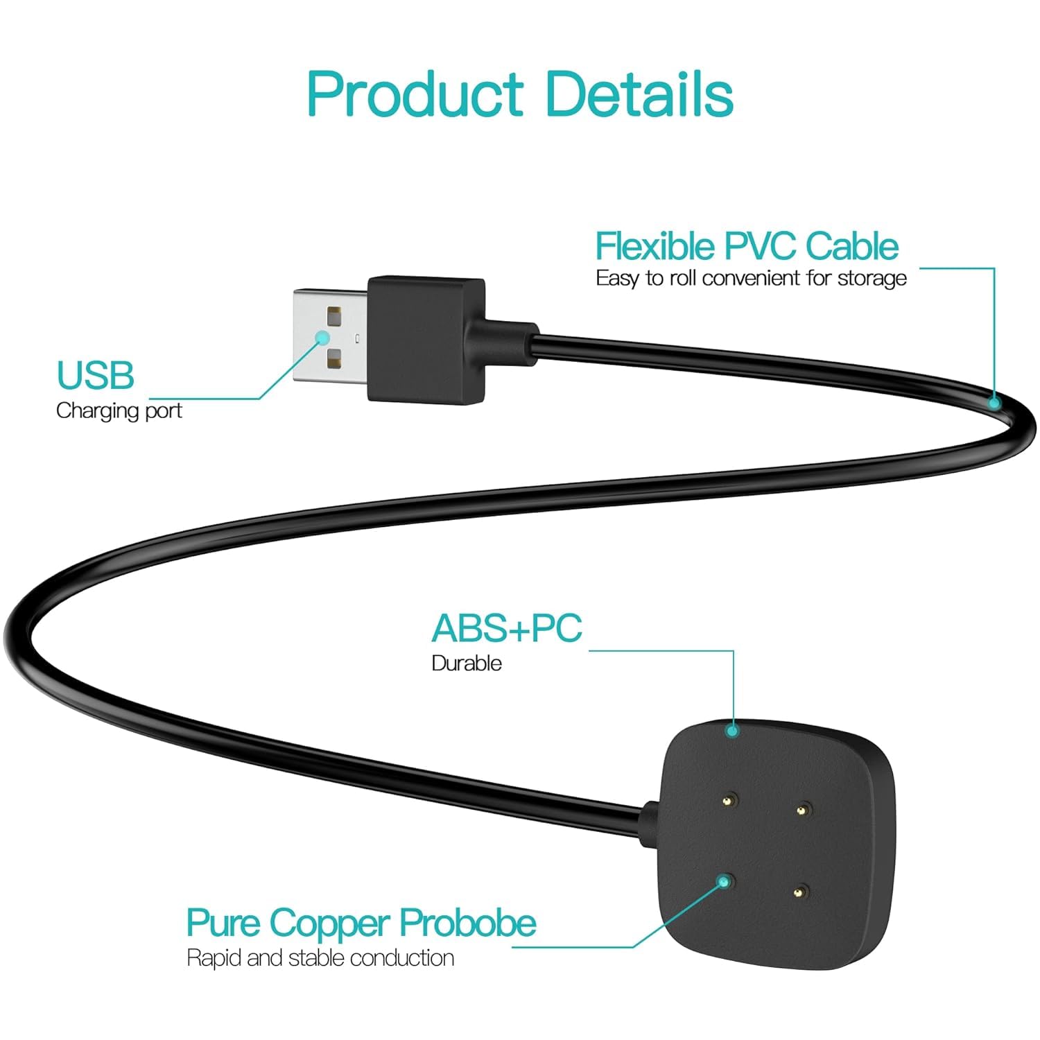 Sounce USB Charging Cable for Fitbit Versa 3 / Versa 4 / Sense/Sense 2 Smartwatch Charging Cord for Fitbit Sense/Sense 2/Versa 3/Versa 4 Smart Watch 3.3Ft Cable - Black