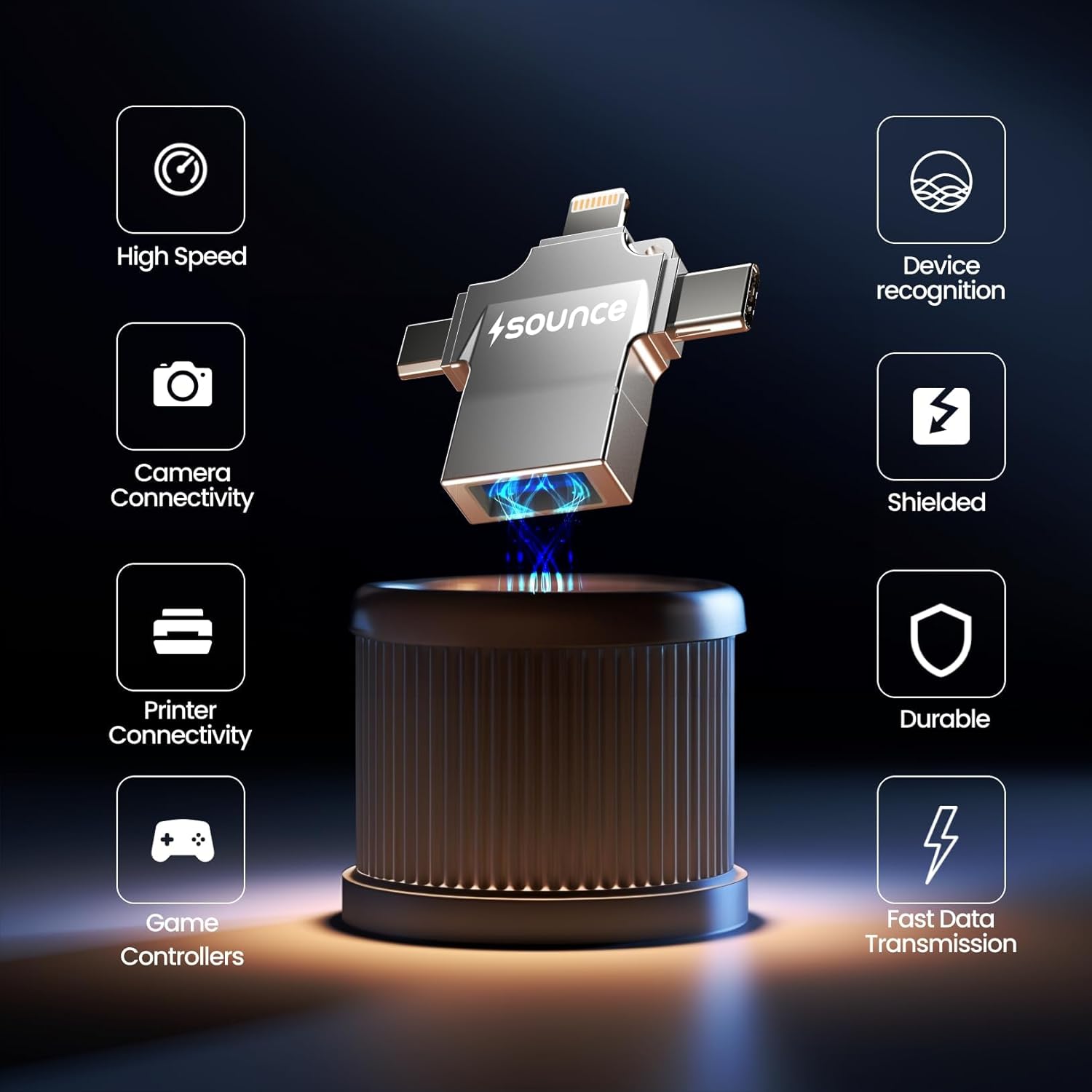Sounce 4-in-1 OTG Adapter – Lightning, Type-C, Micro USB & USB 3.0 | Universal Data Transfer for iOS & Android
