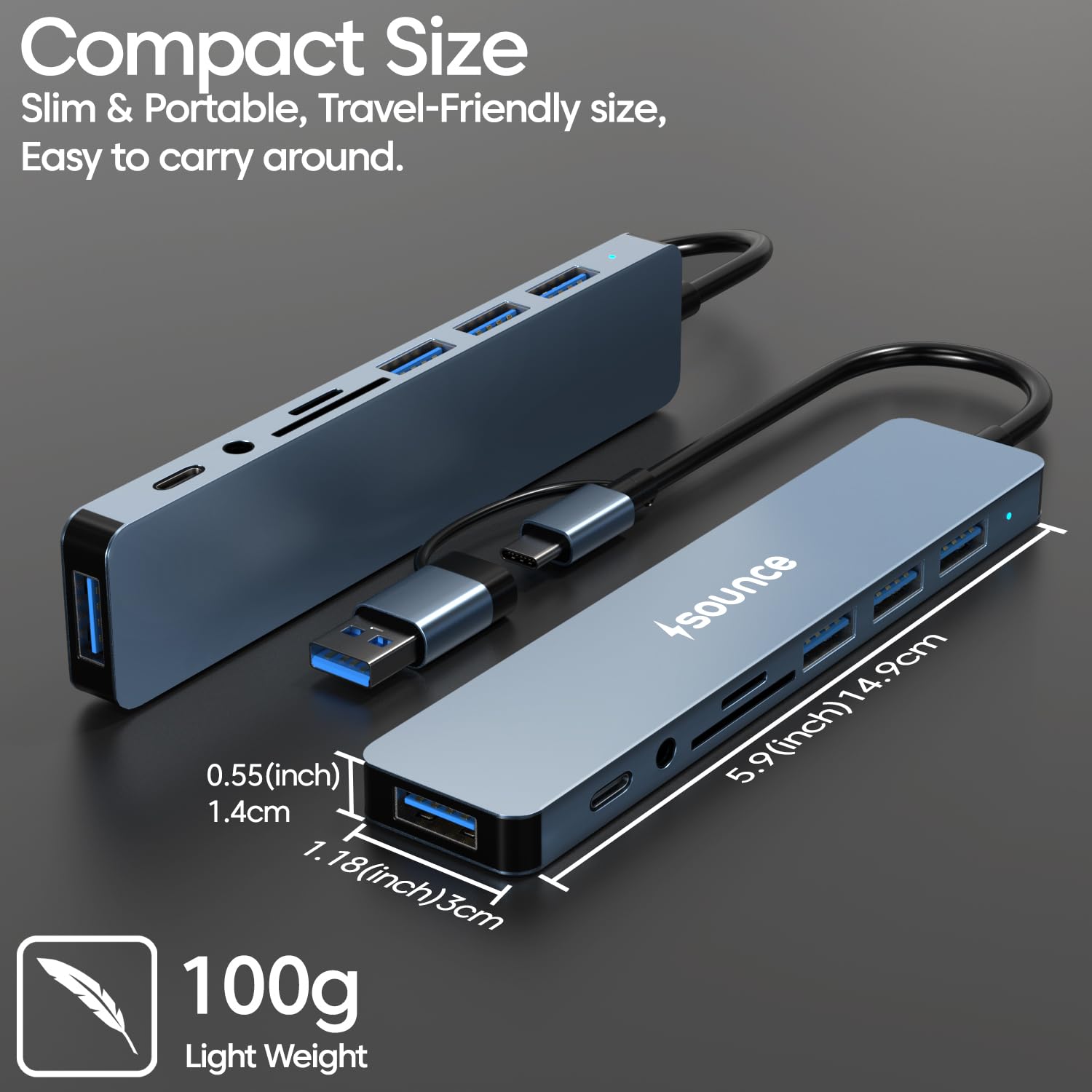 Sounce 8-in-1 USB + Type C Converter, 1x USB 3.0, 4X USB 2.0, USB-C, 60W PD Charging Ports, and Fast Data Transfer speeds of up to 5Gbps - Ideal for MacBooks, iMacs, Surface Pro, and Beyond