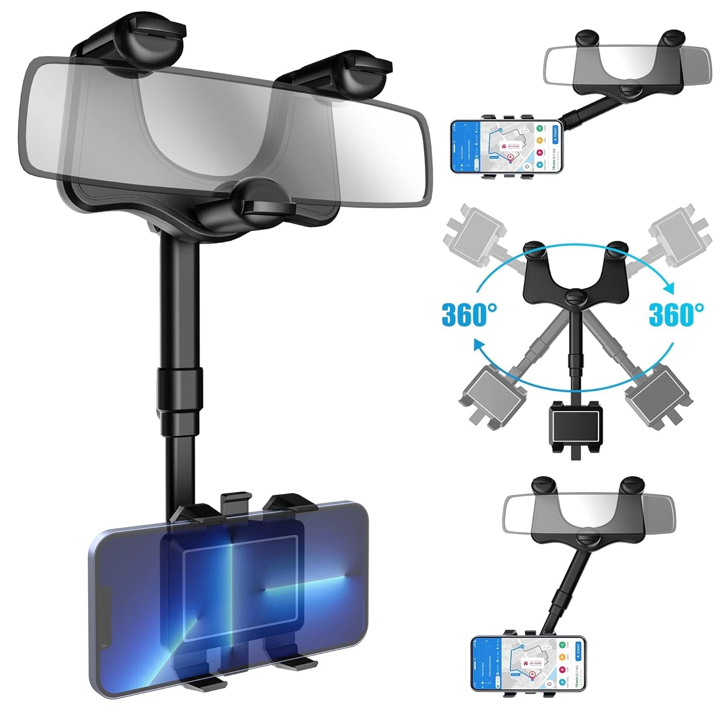 Sounce 360 Rotatable and Retractable Car Phone Holder Multifunctional Car Rearview Mirror Phone Holder, 360 Degree Rotatable Rear View Mirror Phone Mount, for All Mobile Phones
