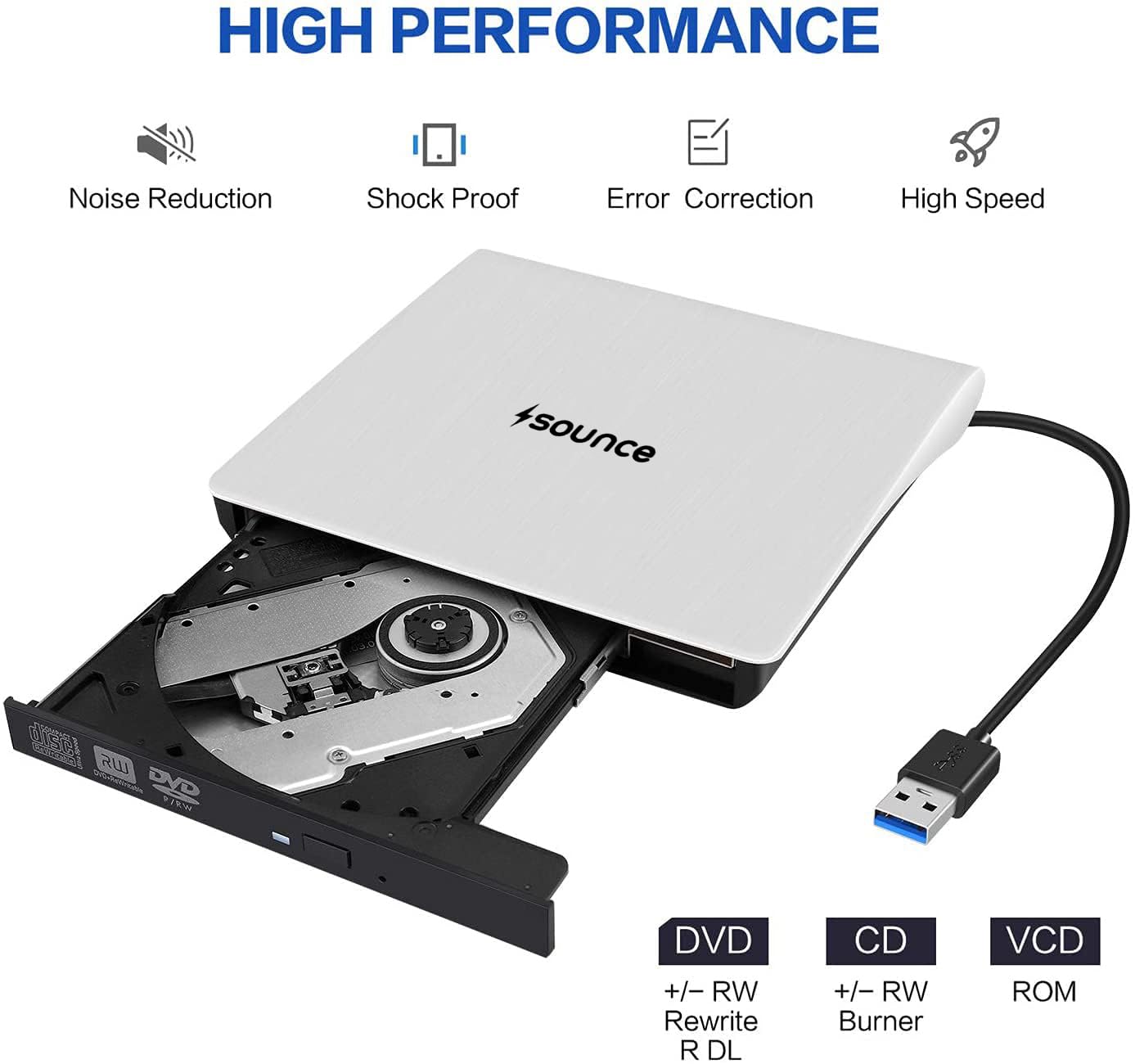 Sounce External USB 3.0 Portable Slim CD/DVD-ROM +-R-R-RW Burner Writer for Laptop Desktop Notebook Windows and Mac OS (White)
