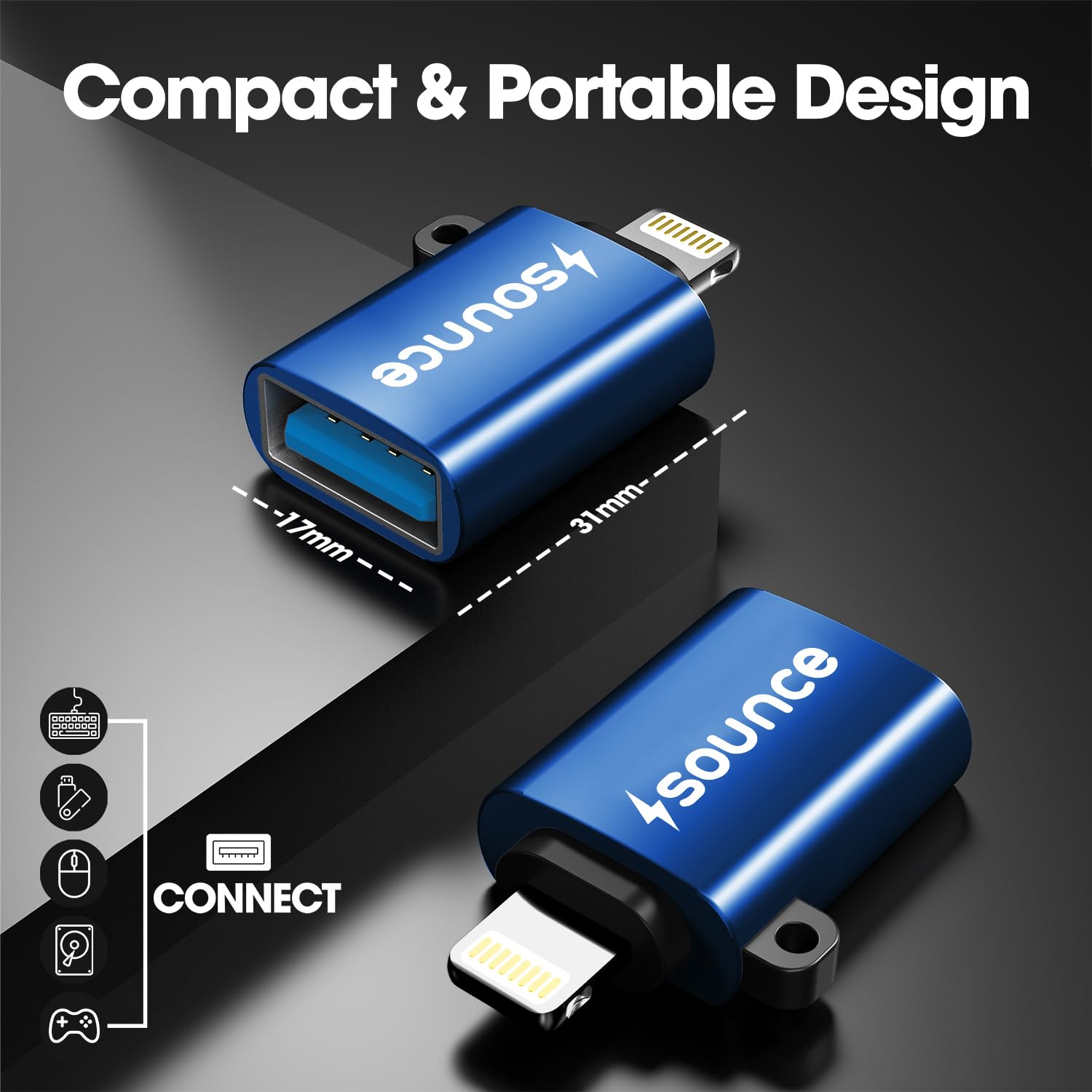 Sounce OTG for iPhone/iPad, Lightning OTG Pendrive Adapter Compatible with All iOS Devices, USB Female Support Connect USB Flash Drive, Keyboard, Mouse (Blue)