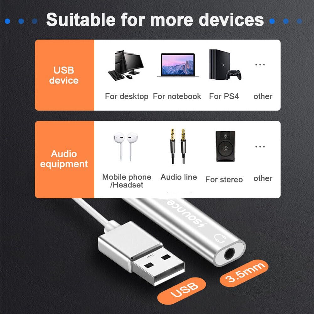 Sounce USB to 3.5mm Female Adapter, USB Headphone Audio Jack External Stereo Sound Cable Cord Splitter for MacBook, Laptop, Linux, PS4, Headset - Grey