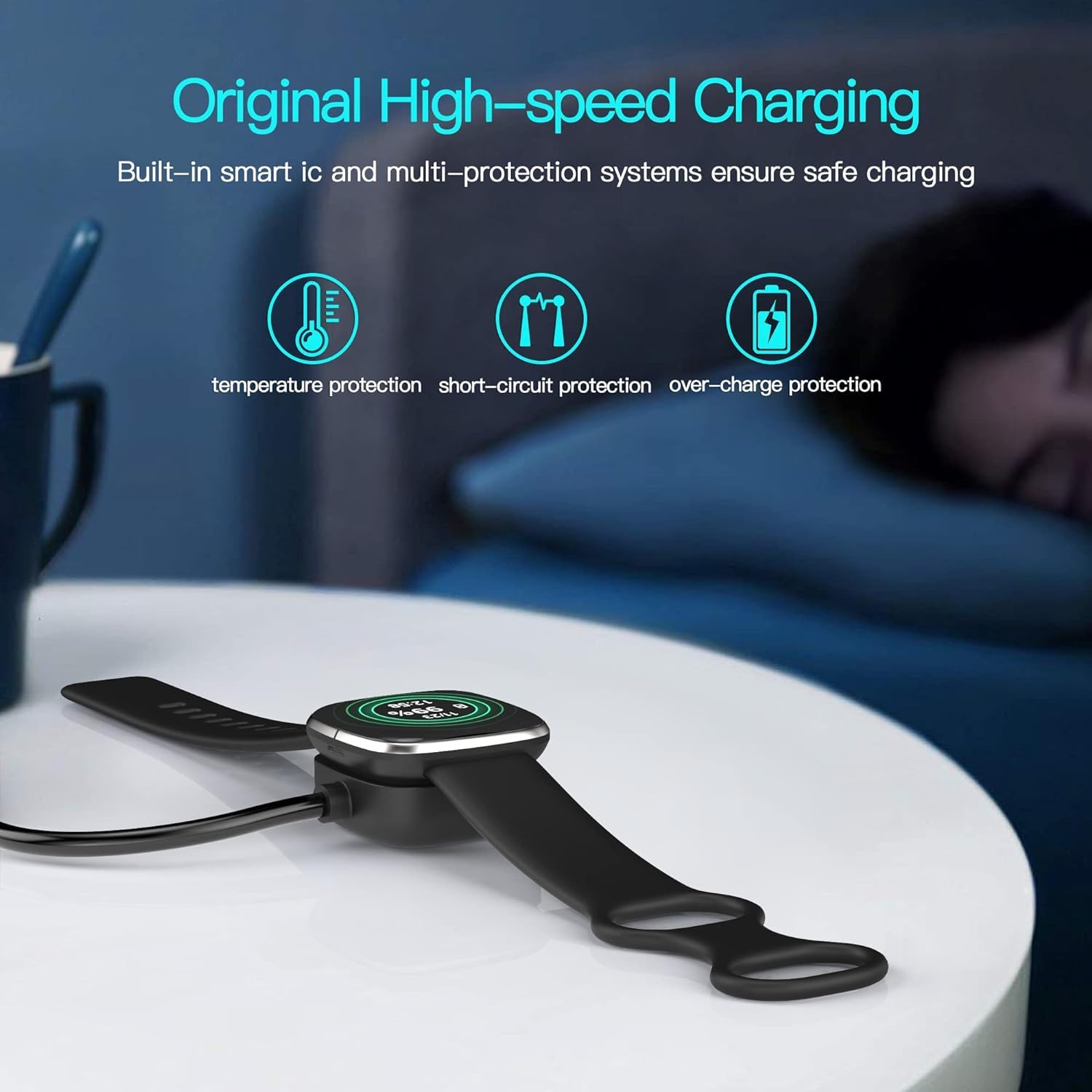 Sounce USB Charging Cable for Fitbit Versa 3 / Versa 4 / Sense/Sense 2 Smartwatch Charging Cord for Fitbit Sense/Sense 2/Versa 3/Versa 4 Smart Watch 3.3Ft Cable - Black