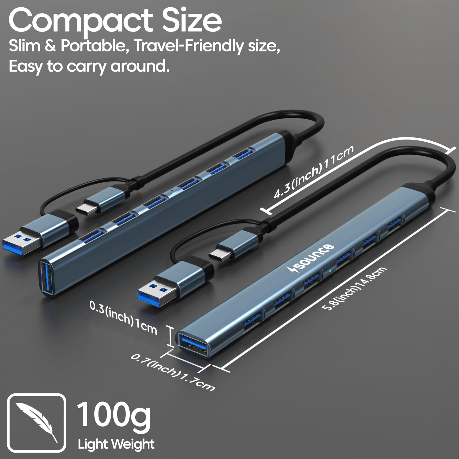 Sounce 7-in-1 USB + Type C Multiport Hub | High-Speed USB 3.0 (5Gbps) | Lightweight Aluminum Body | Universal Compatibility for Laptops, Smartphones, Tablets & PCs