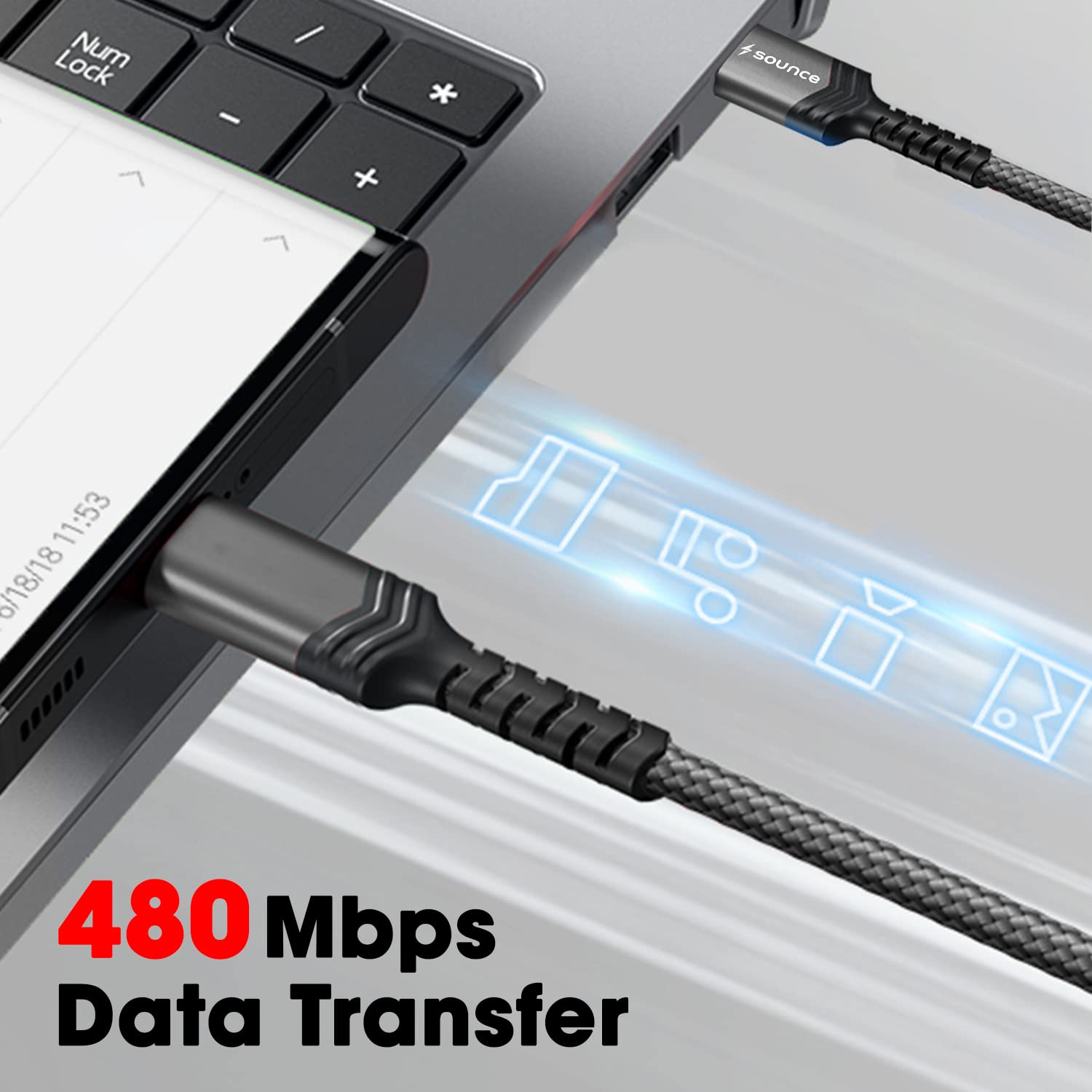 Sounce USB Type C to Type C 3A (60W) Fast Charging Braided Cable for Mobile, Laptop, Tablets & other Type-C devices Supports PD Tech & QC 3.0 Charge 480mbps Data Transfer Speed 1.5 Meter