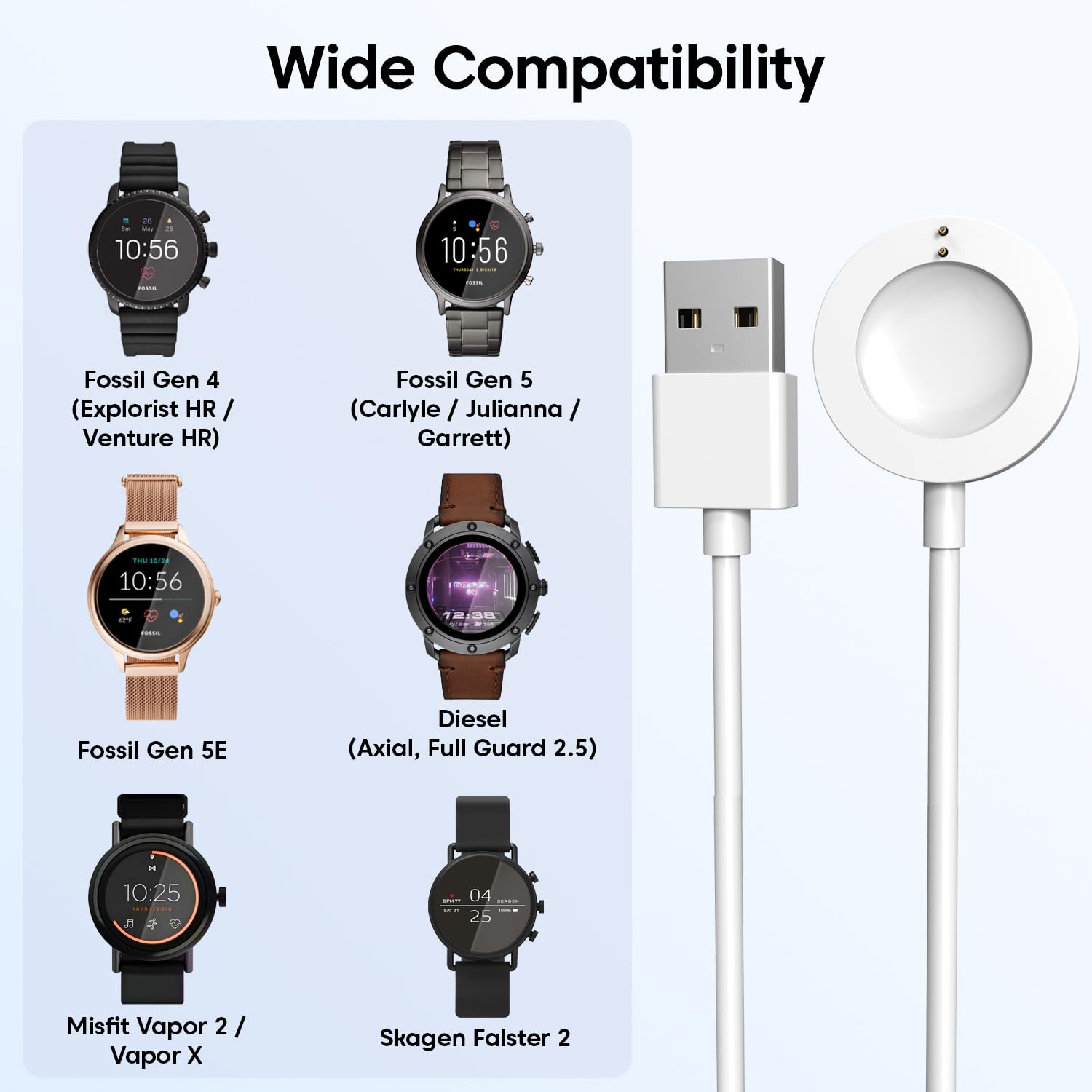 Sounce Charger Compatible with Fossil Gen 4, Gen 5, Skagen falster 2, Misfit Vapor 2 - USB Charging Cable 3.3ft 100cm PVC Material and Copper Wire - Smartwatch Accessories(White)