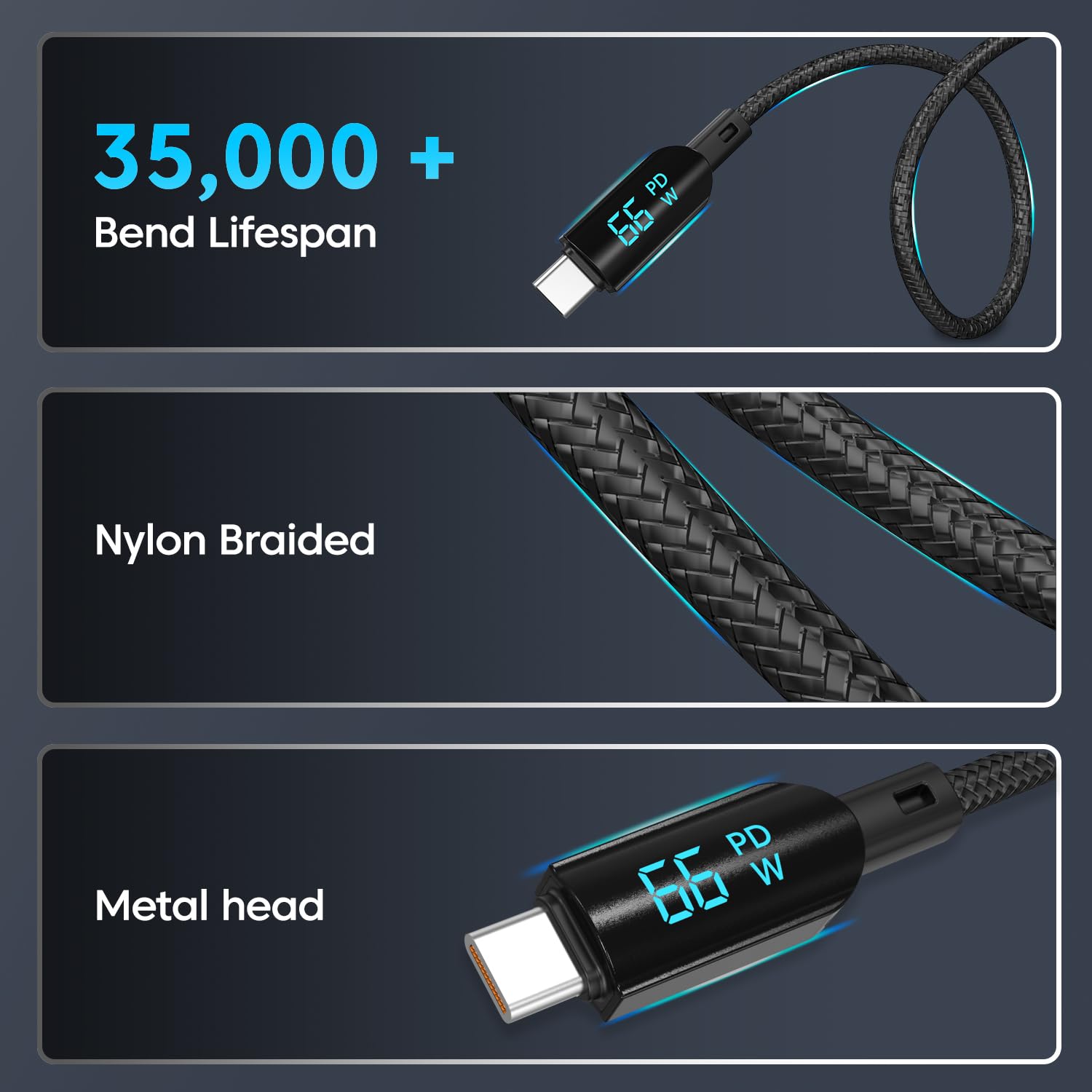 Sounce 66W Type-C Fast Charging Braided Cable 6.5A Output LED Display Real-Time & Tangle-1.2M Length 480Mbps Data Transfer 3.0 Universal Compatible for Phones Tablet Laptop & More (Black)