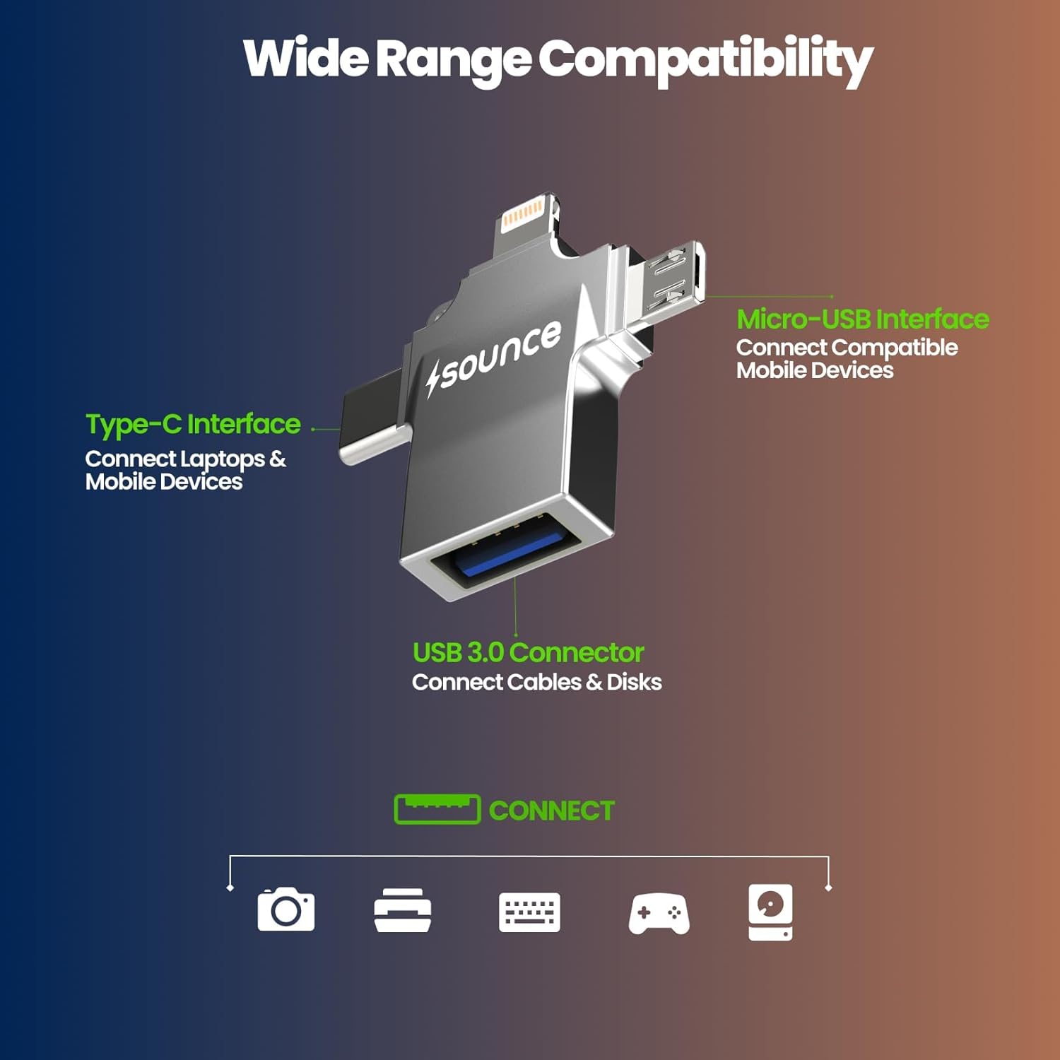 Sounce 4-in-1 OTG Adapter – Lightning, Type-C, Micro USB & USB 3.0 | Universal Data Transfer for iOS & Android