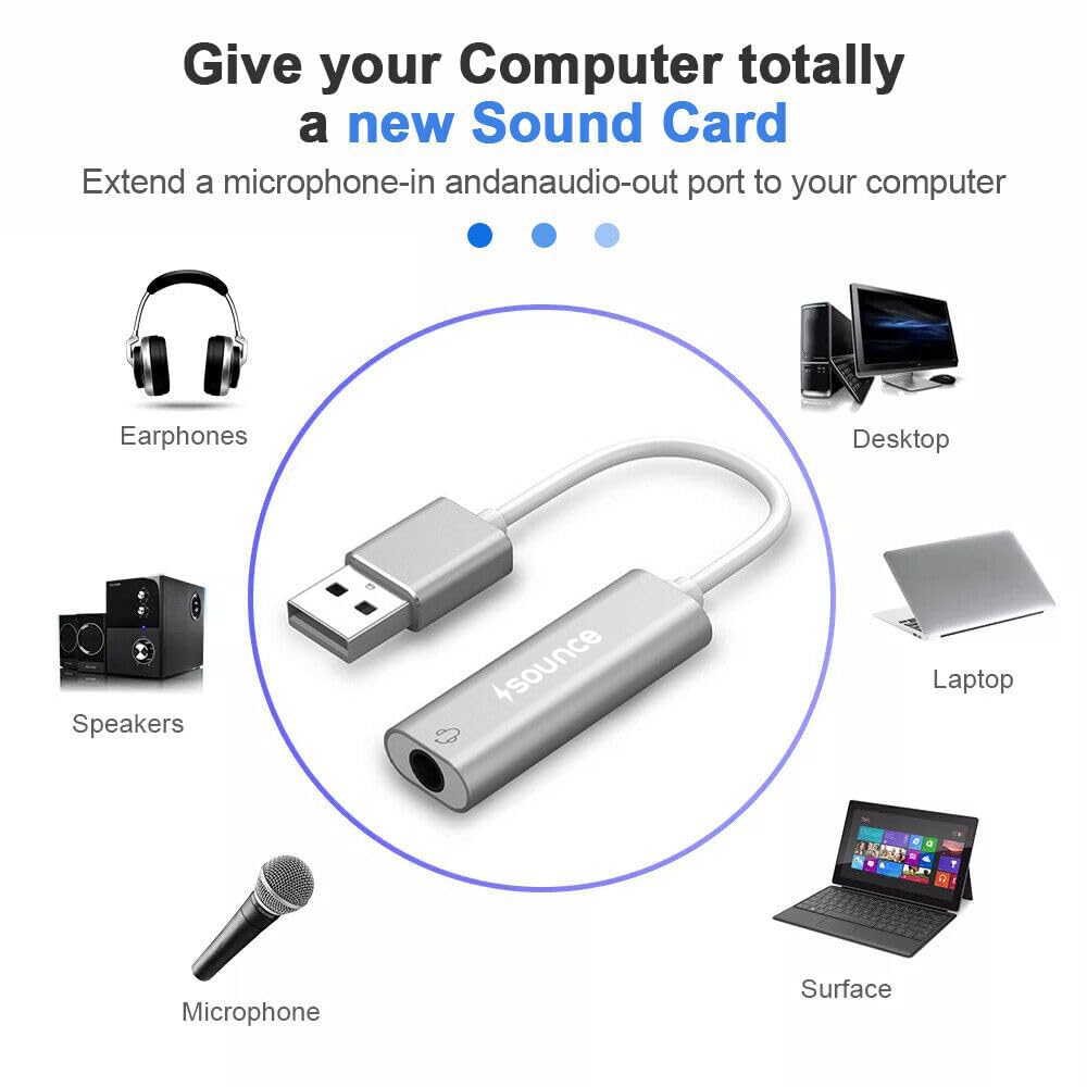 Sounce USB to 3.5mm Female Adapter, USB Headphone Audio Jack External Stereo Sound Cable Cord Splitter for MacBook, Laptop, Linux, PS4, Headset - Grey