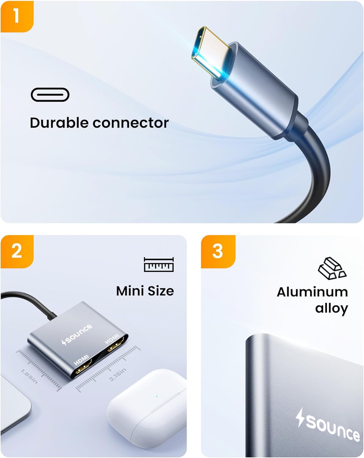 Sounce Type C to Dual HDMI Adapter 4K@60hz, Type C to HDMI Splitter for 2 Monitors, (Thunderbolt 3/4) USB C to Dual HDMI Hub Extend Display for MacBook Air/Pro, Dell XPS, Surface, Chromebook