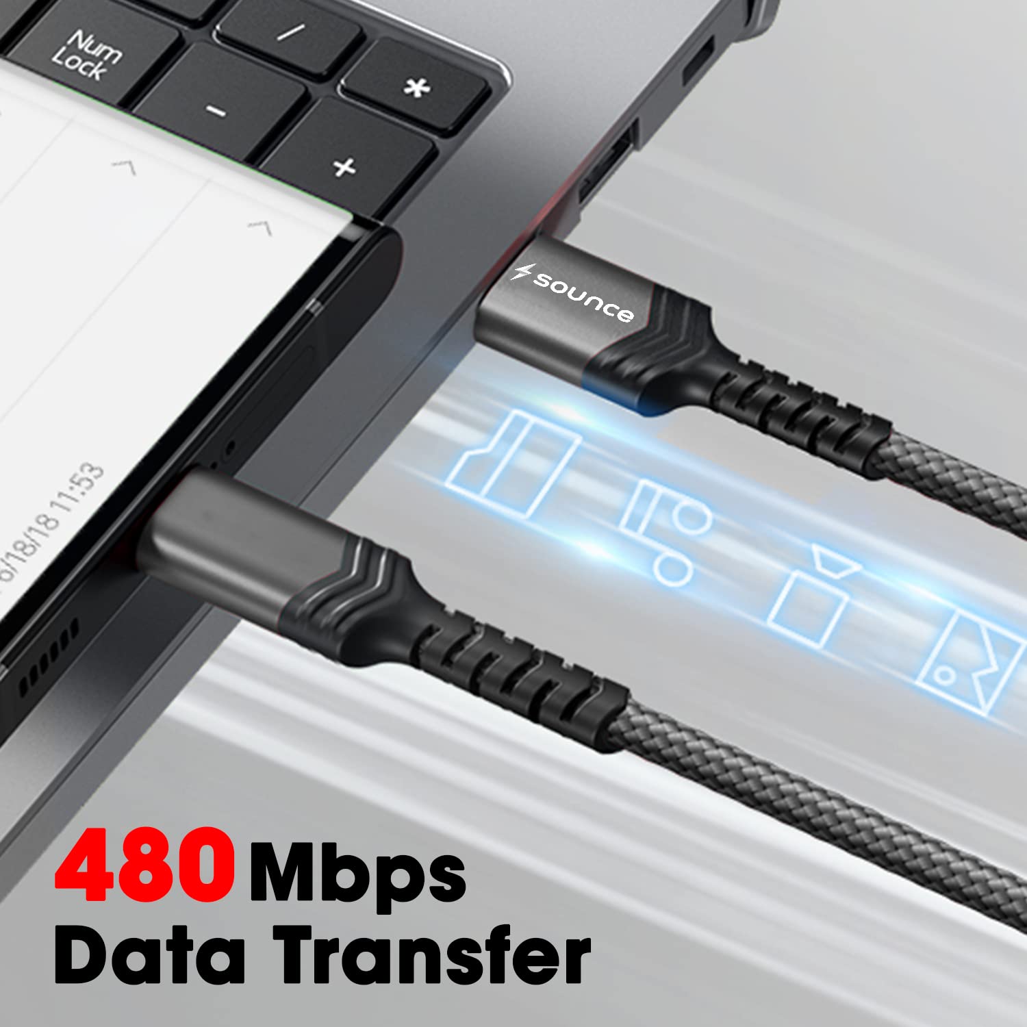 Sounce USB to Type C 3A (66W) Fast Charging Braided Cable for Mobile, Laptop, Tablets & other Type-C devices Supports PD Tech & QC 3.0 Charge 480mbps Data Transfer Speed - 1.5 Meter