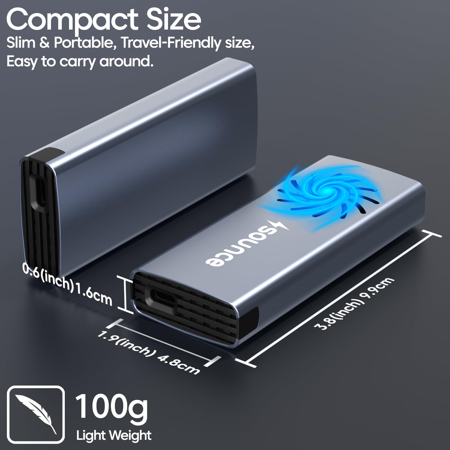 NVMe M.2 SSD Enclosure with Fan – USB 3.2 Gen 2 (10Gbps) Tool-Free PCIe NVMe Case | USB-C Adapter for M & B&M Key SSDs – by Sounce