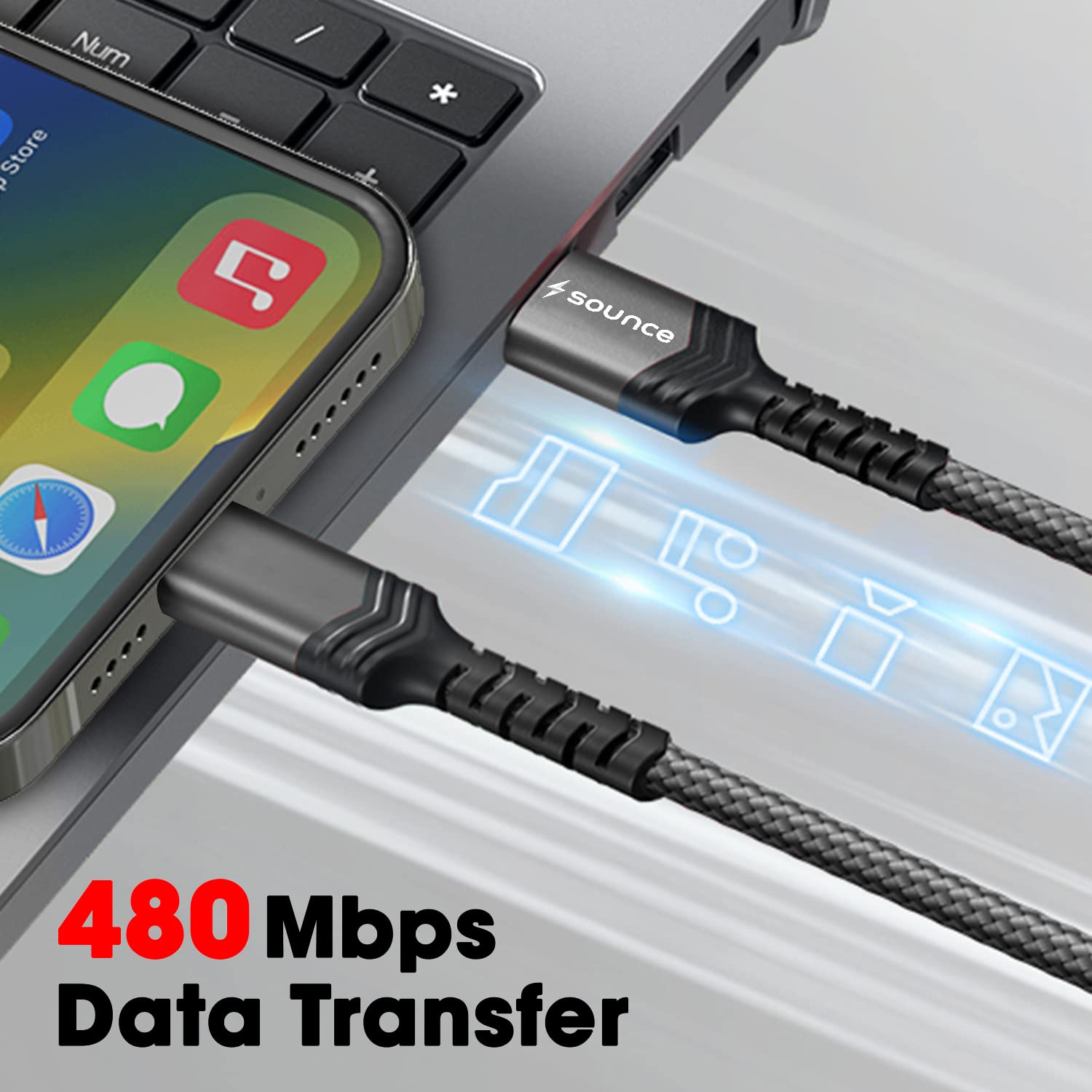 Sounce Nylon Braided USB to Lightning-Fast Charging and Data Sync Cable Compatible with iPhone 14,13, 12,11, X, 8, 7, 6, 5, iPad Air, Pro, Mini 1.5 Meter (Grey)