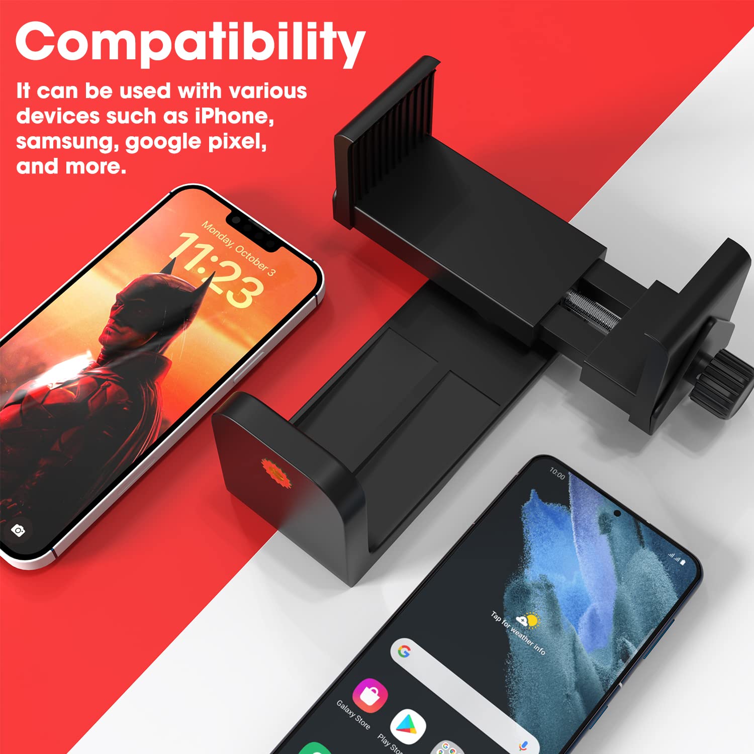 Sounce 360° Adjustable Cell Phone Tripod Mount Adapter | Universal 1/4 Screw Clamp Holder (Black)