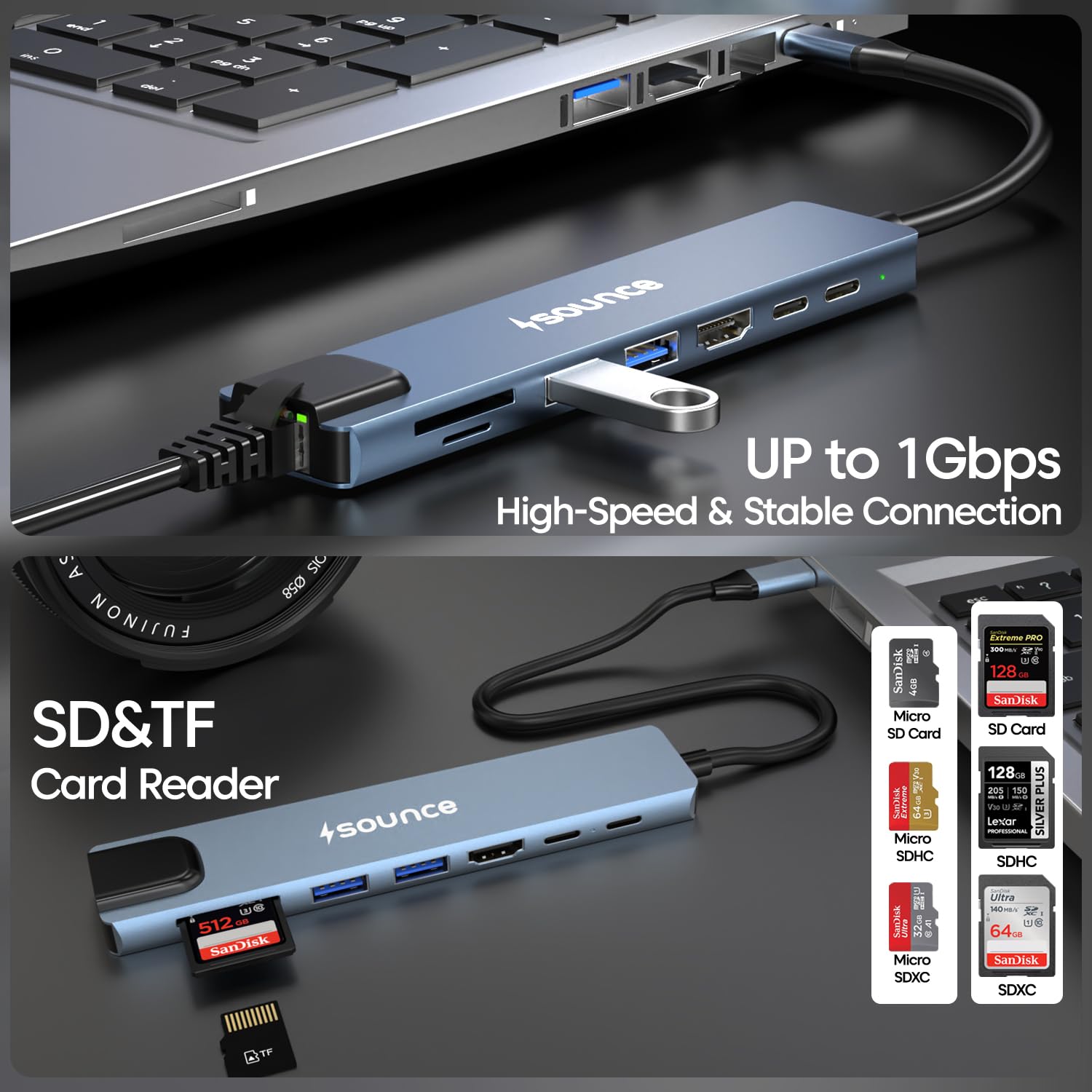 Sounce 8-in-1 USB-C Hub Dock | Premium Aluminum Type-C Adapter with 4K HDMI, 100Mbps Ethernet, USB 3.0, 100W PD Charging, TF/SD Card Reader | Universal for Mac & Windows USB-C Devices