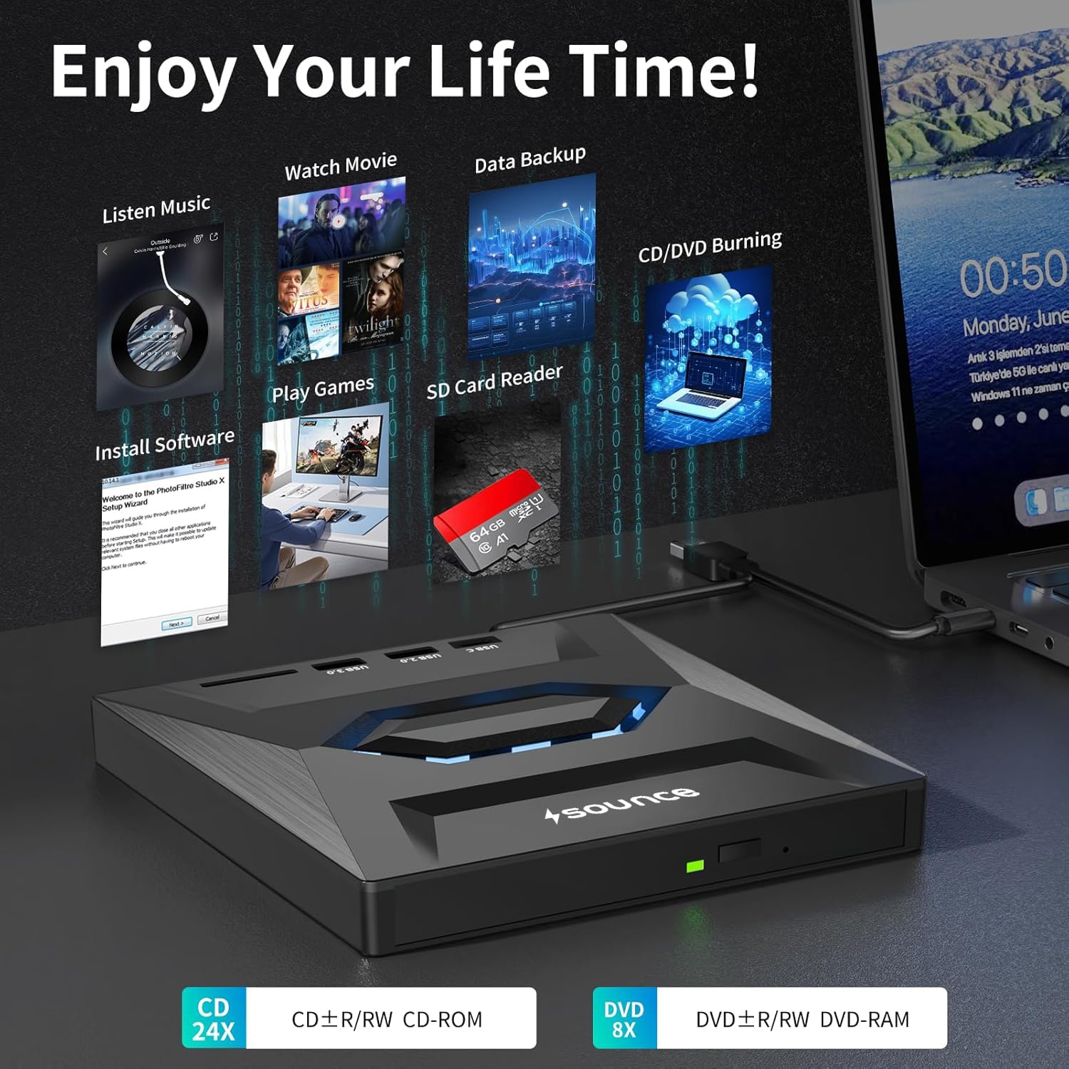 Sounce USB 3.0 & Type C External CD DVD Writer RW Optical Drive CD/DVD ROM +/-RW CD Burner Drive with SD/TF Card Reader Ports, USB 3.0 to C Hub for Laptop, PC, MacBook, Desktop, Notebook - Black