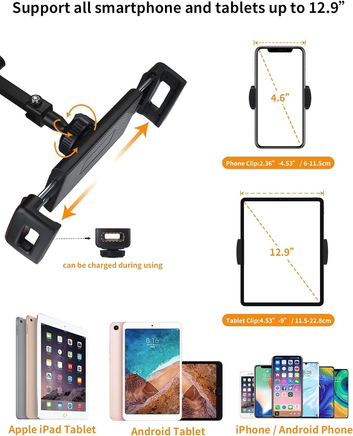 Sounce Lightweight Tabletop Stand Phone Holder, Metal Long Lazy Arm and Bracket for All Mobile for Video Recording, Streaming Video, Office, Compatible with Devices Upto 4-10.6 Inches - Black