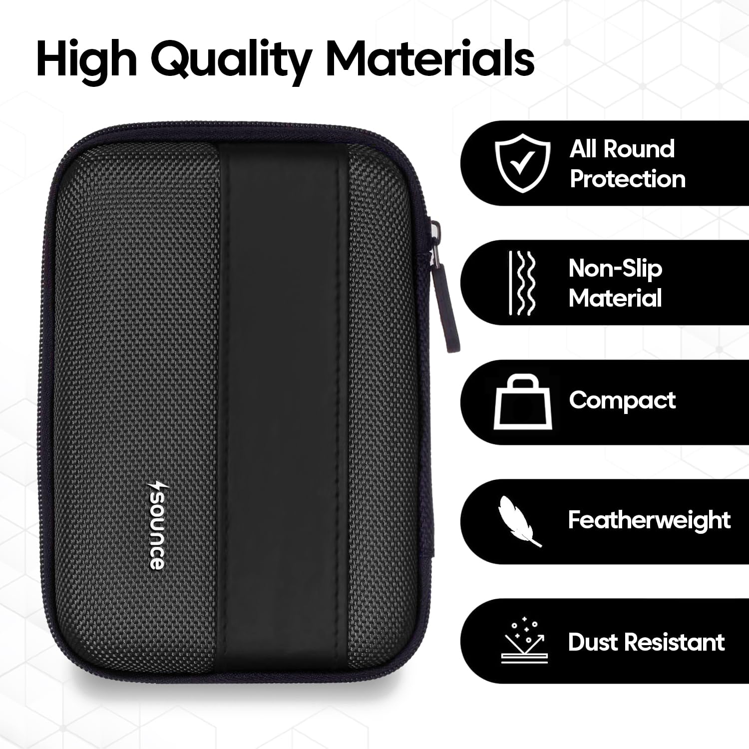 Sounce Rugged Hard Drive Case for 2.5-inch, Hard Disk Case, EVA Disk Pouch, External Hard Disk Cover, Portable Storage Shell for Gadget Hard Disk USB Cable Mobile Charger Earphone, Waterproof (Black)