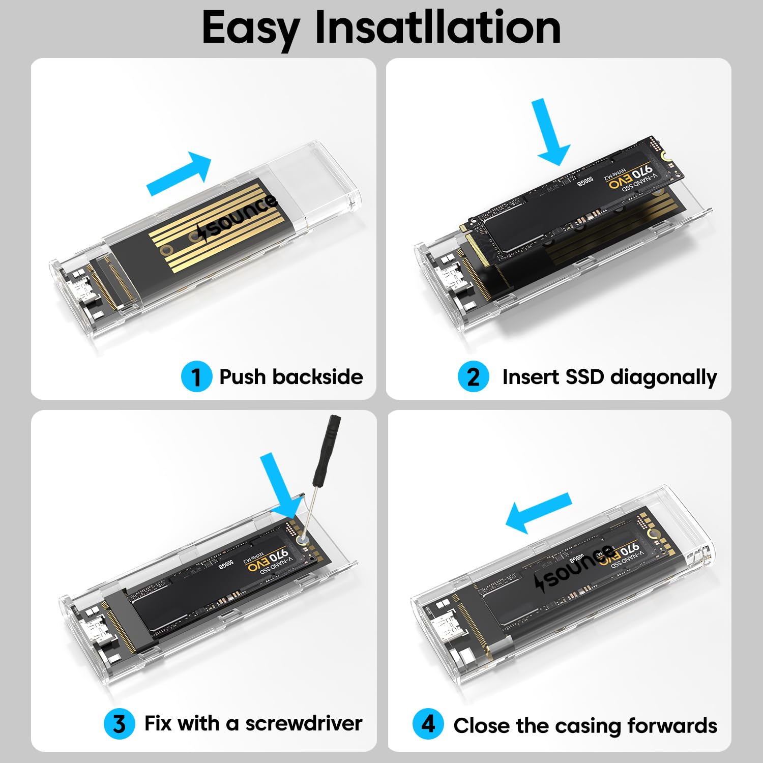 Sounce Transparent M.2 NVMe Enclosure USB 3.2 Gen 2 (10Gbps) – External PCIe M-Key SSD Adapter Case (2280/2260/2242/2230) Type-C