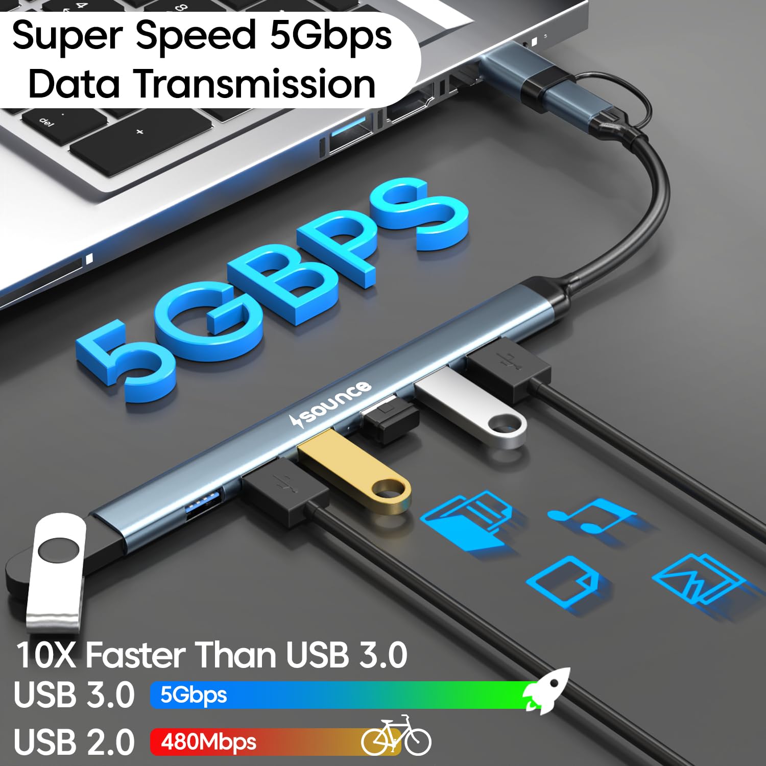 Sounce 7-in-1 USB + Type C Multiport Hub | High-Speed USB 3.0 (5Gbps) | Lightweight Aluminum Body | Universal Compatibility for Laptops, Smartphones, Tablets & PCs