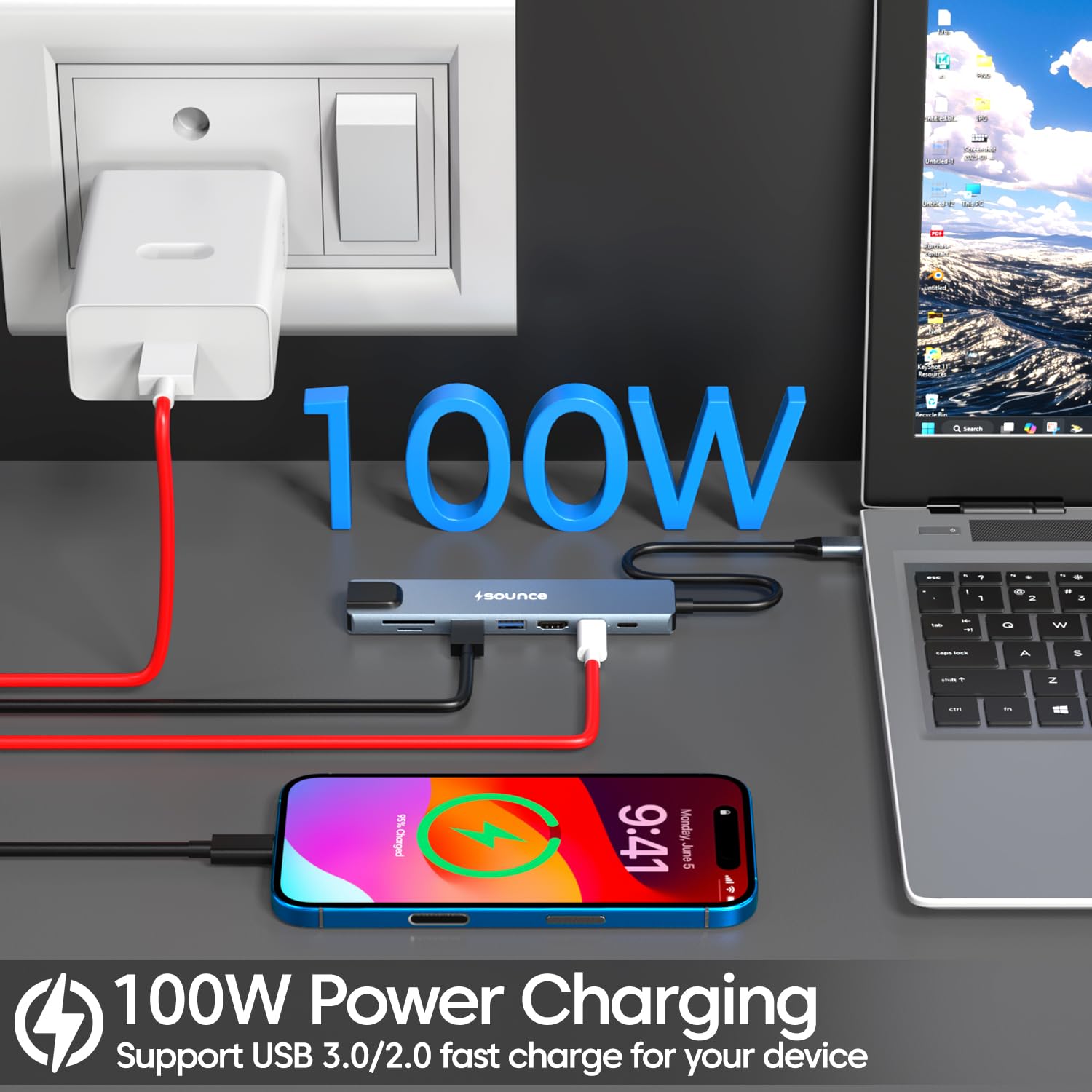 Sounce 8-in-1 USB-C Hub Dock | Premium Aluminum Type-C Adapter with 4K HDMI, 100Mbps Ethernet, USB 3.0, 100W PD Charging, TF/SD Card Reader | Universal for Mac & Windows USB-C Devices