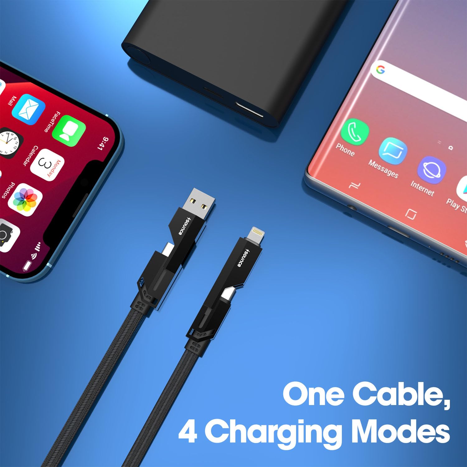 Sounce 4-in-1 66W Fast Charging Cable | Metal Flat Braided Cord, Universal Compatibility (Black, 1.5M)
