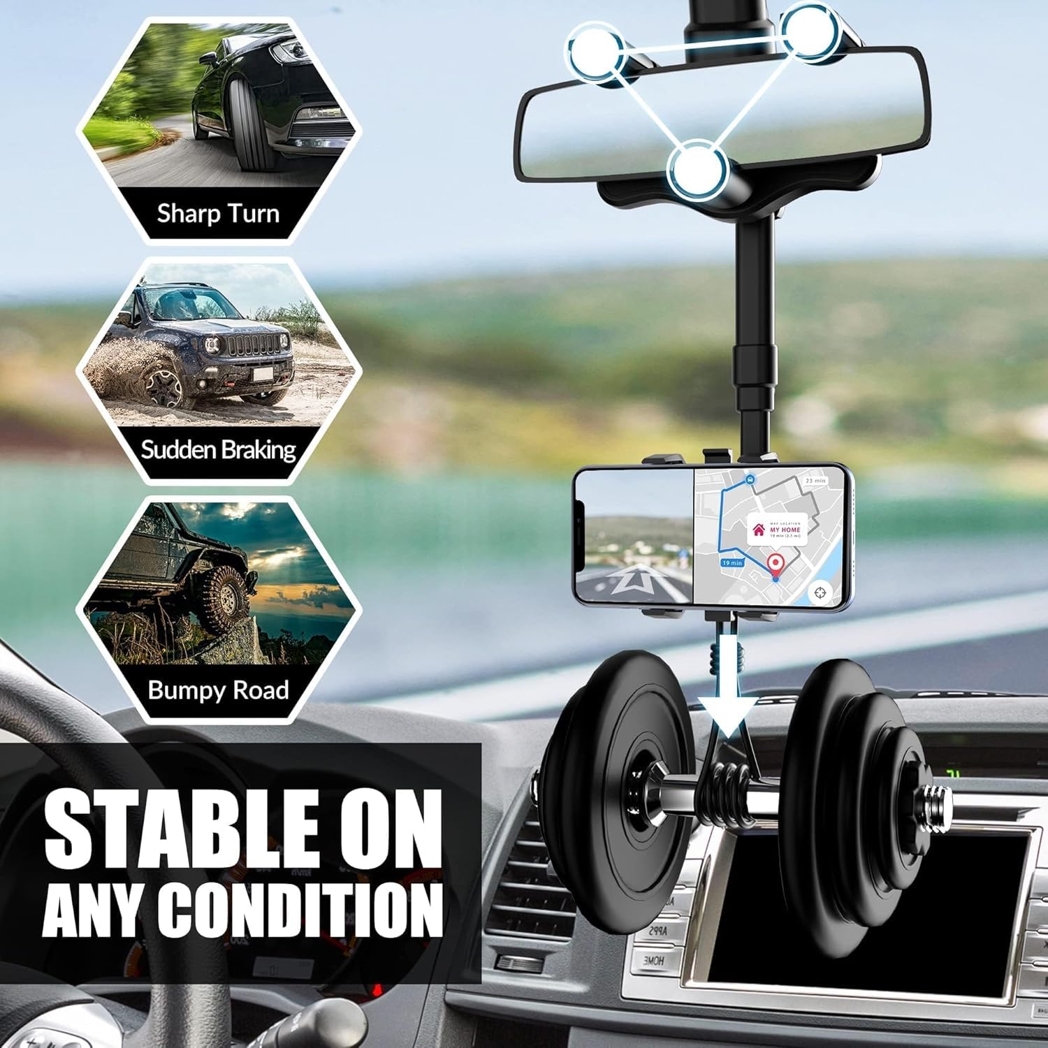Sounce 360 Rotatable and Retractable Car Phone Holder Multifunctional Car Rearview Mirror Phone Holder, 360 Degree Rotatable Rear View Mirror Phone Mount, for All Mobile Phones