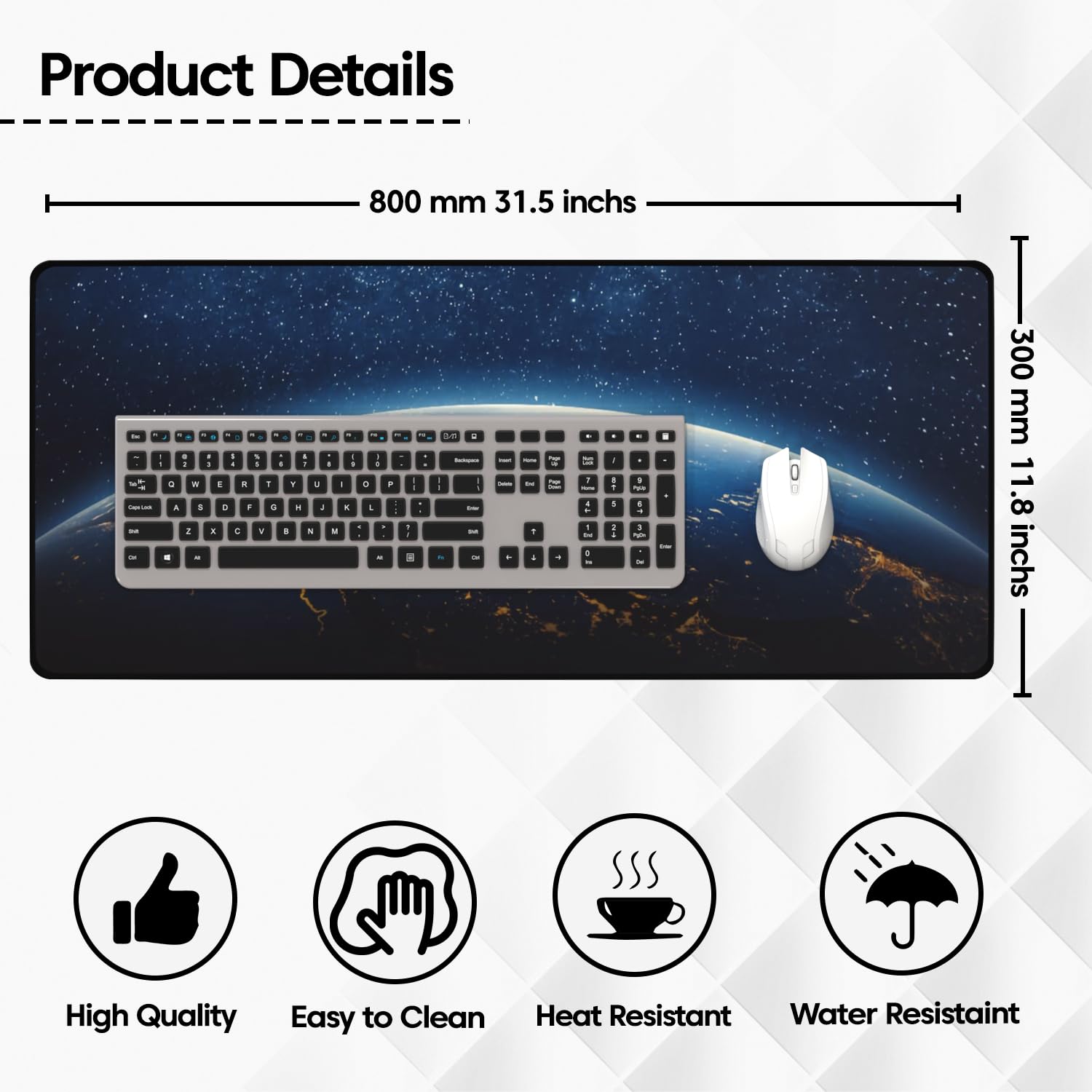 Sounce Large Extended Earth Design Desk Mat for Laptop Keyboard and Mouse Use Water Resistant Anti Slip Surface Non Logo Mouse Pad 800 x 300 mm Ideal for Office Home and Gaming Setup in Black