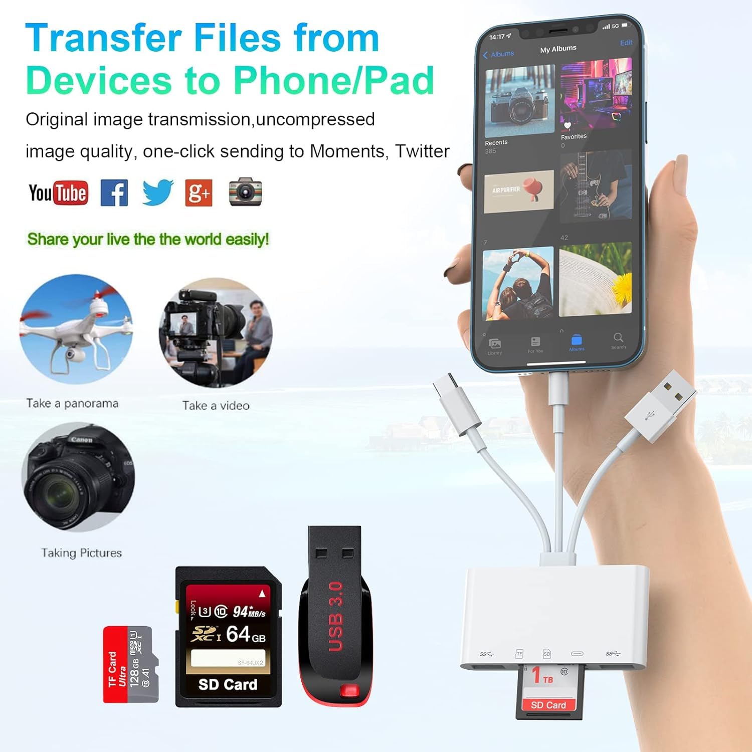 Sounce 5 in 1 SD/TF Card Reader Micro SD Card Reader with Light-ning Port & 2 USB 3.0 Ports Support Charging, High Speed Data Transfer Compatible with iPhone, iPad, PC, Laptop - White