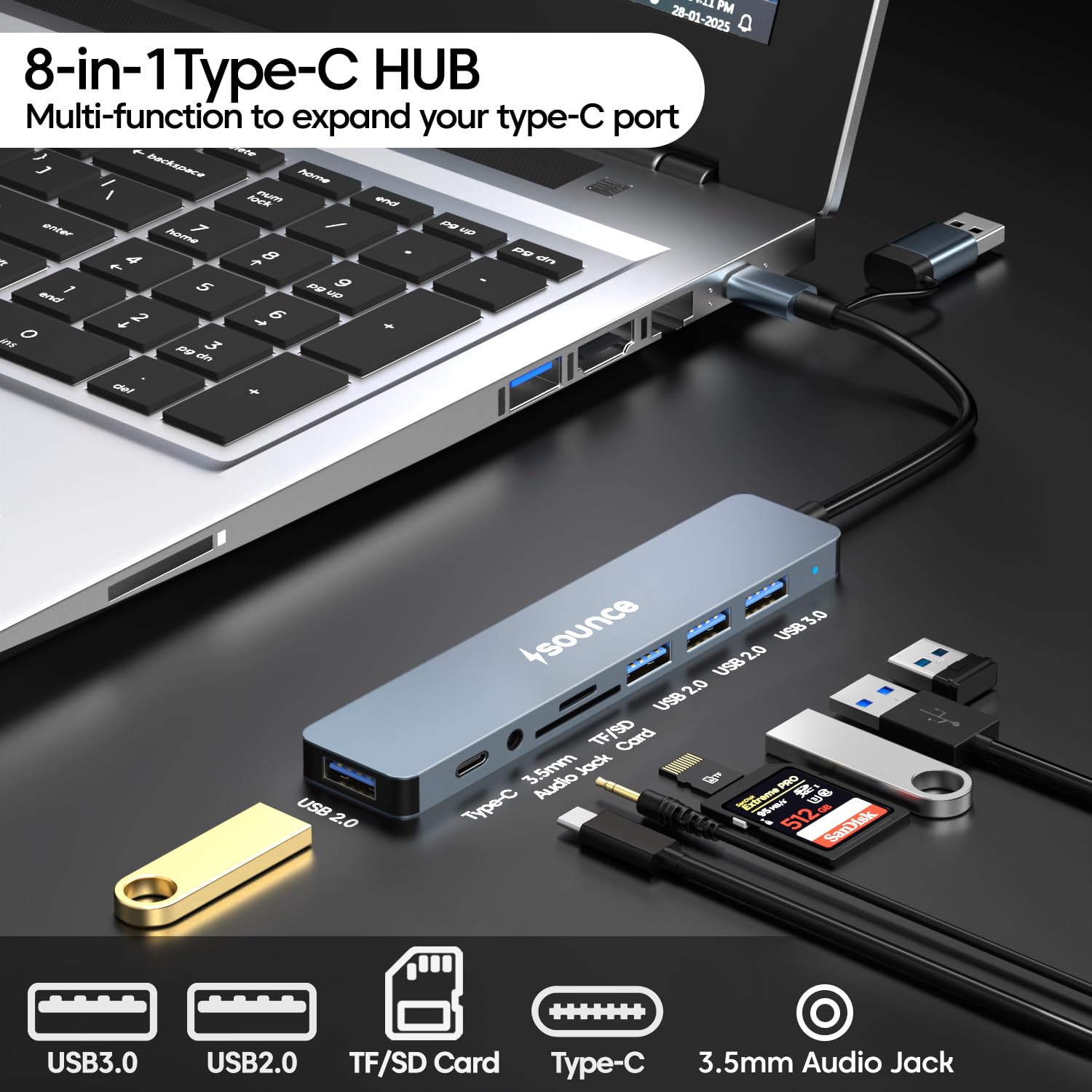 Sounce 8-in-1 USB + Type C Converter, 1x USB 3.0, 4X USB 2.0, USB-C, 60W PD Charging Ports, and Fast Data Transfer speeds of up to 5Gbps - Ideal for MacBooks, iMacs, Surface Pro, and Beyond