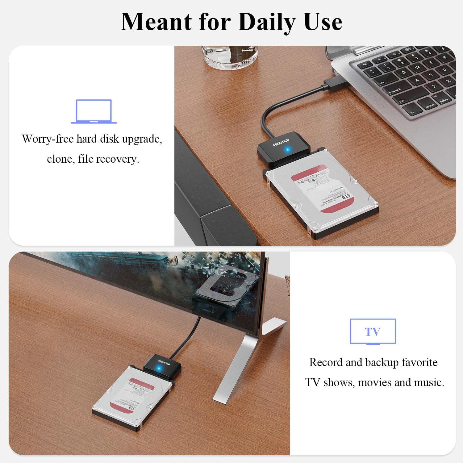 Sounce SATA Cable USB 3.0 to SATA III Hard Disk Connector for 3.5 2.5 inch SSD & HDD Hard Drive Disk and SATA Optical Drive with 12V 2A Power Adapter External Hard Disk Adapter Support UASP - Black