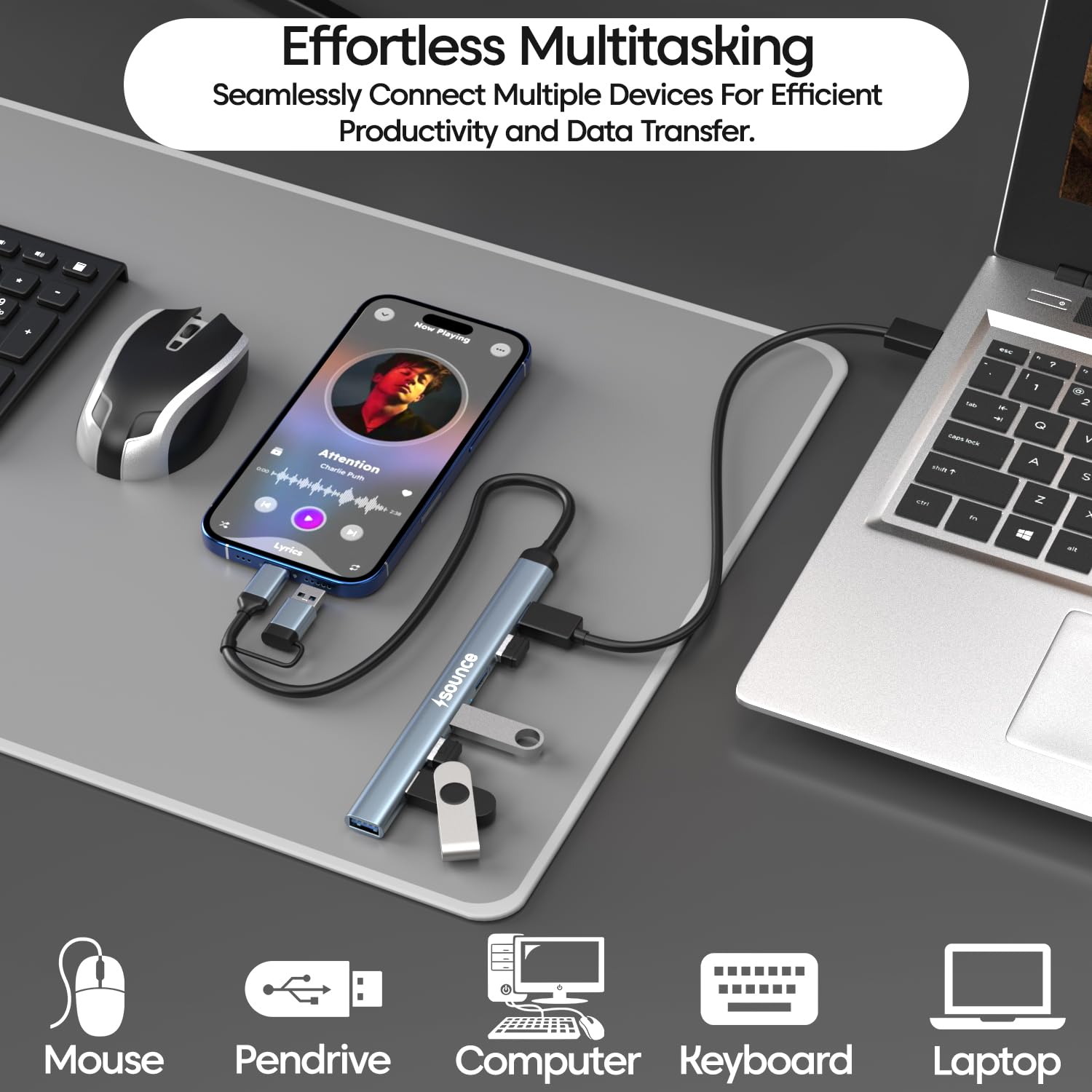 Sounce 7-in-1 USB + Type C Multiport Hub | High-Speed USB 3.0 (5Gbps) | Lightweight Aluminum Body | Universal Compatibility for Laptops, Smartphones, Tablets & PCs