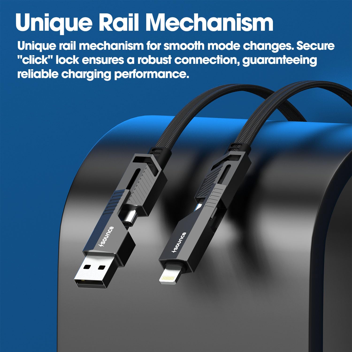 Sounce 4-in-1 66W Fast Charging Cable | Metal Flat Braided Cord, Universal Compatibility (Black, 1.5M)
