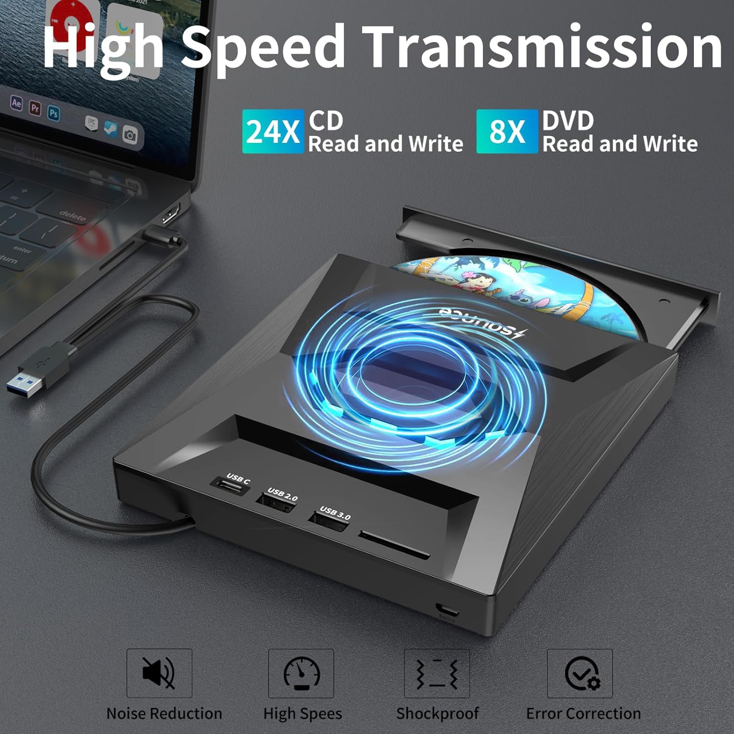 Sounce USB 3.0 & Type C External CD DVD Writer RW Optical Drive CD/DVD ROM +/-RW CD Burner Drive with SD/TF Card Reader Ports, USB 3.0 to C Hub for Laptop, PC, MacBook, Desktop, Notebook - Black