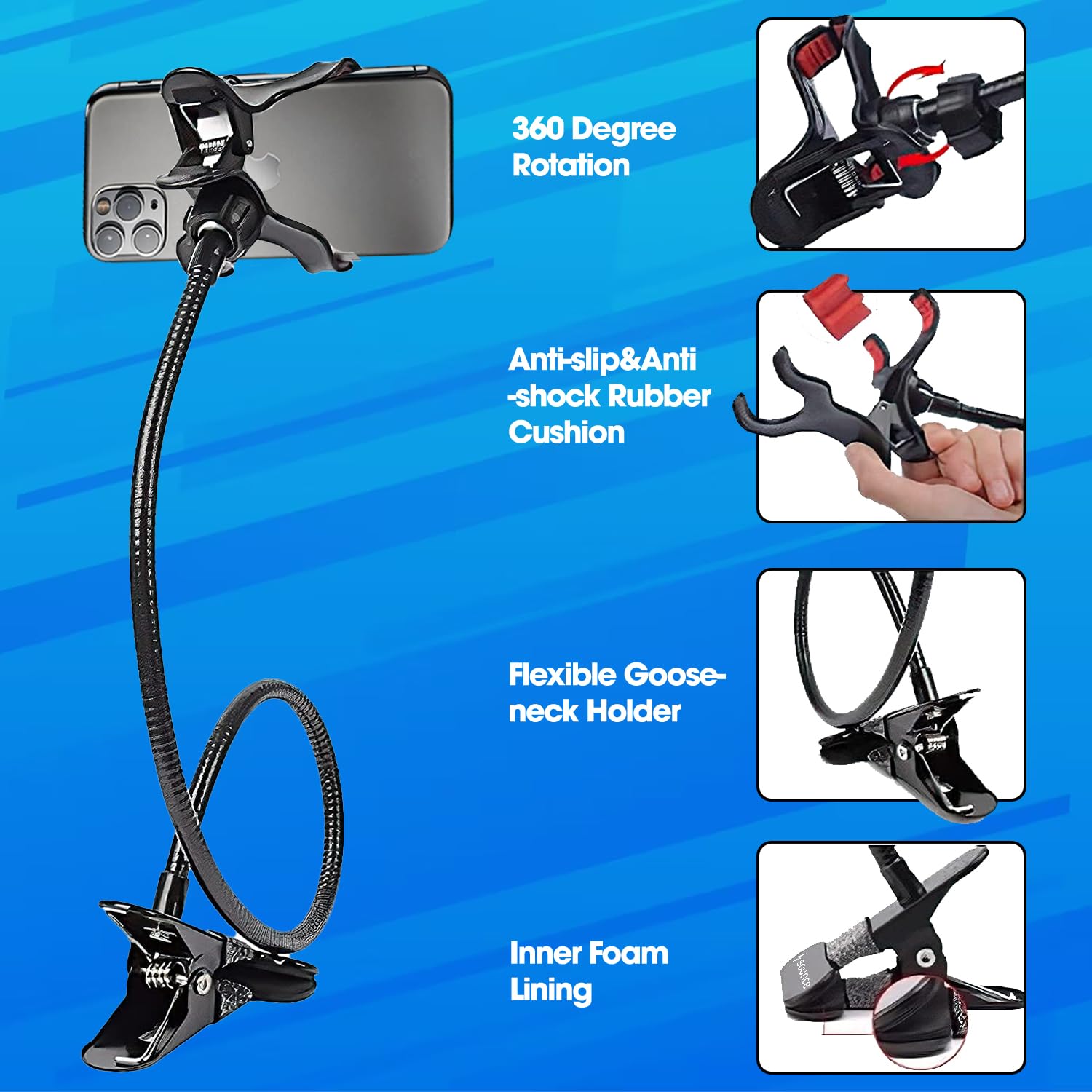 Sounce Mobile Stand Holder Metal Built - Cell Phone Stand Perfect for Video Table Online Class Home Bed Flexible Charging Hand Bike Movie Office Gift Desktop Heavy Duty Lazy Mount Multi Angle Clamp