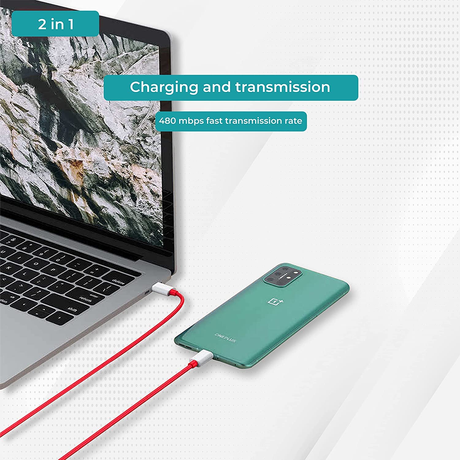 Sounce 65W Dash Wrap Charging Cable, USB C to Type C PD 6.5A Fast Charge Data Sync Cord for OnePlus 11 / 11T / 10T / 10R / 10 Pro / 9t / 9R / 9 Pro, 8, 8T, 7, Nord and All Type C Devices - 2 Meter