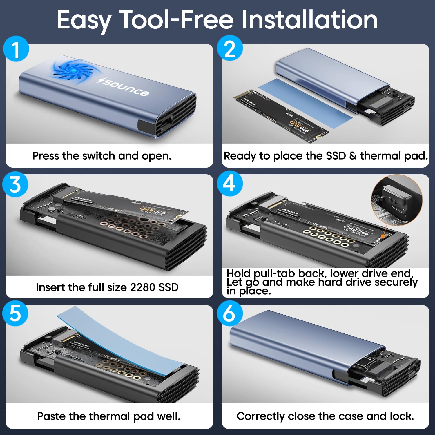 NVMe M.2 SSD Enclosure with Fan – USB 3.2 Gen 2 (10Gbps) Tool-Free PCIe NVMe Case | USB-C Adapter for M & B&M Key SSDs – by Sounce